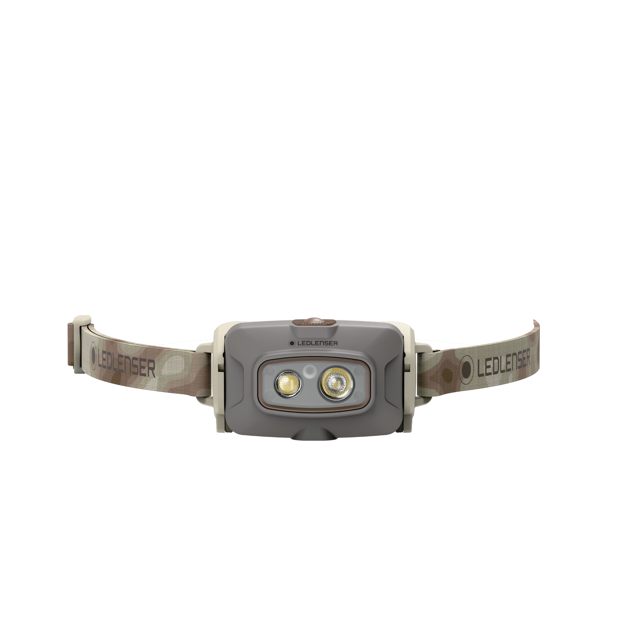HF4R Signature Headlamp by Ledlenser featuring dual LEDs on a grey body with beige camo head strap