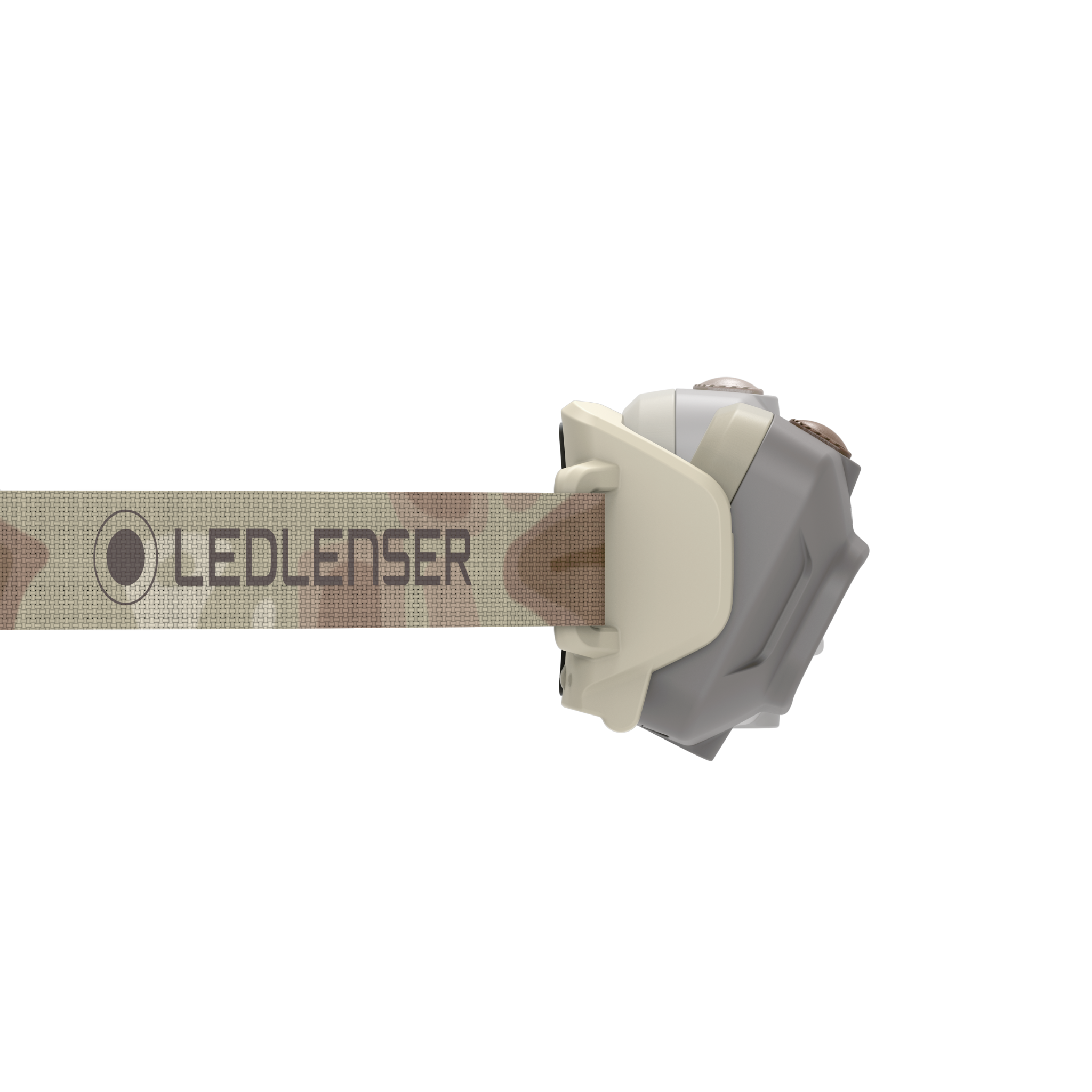 HF4R Signature Headlamp mounted on a beige head strap showing the grey body and side control dials