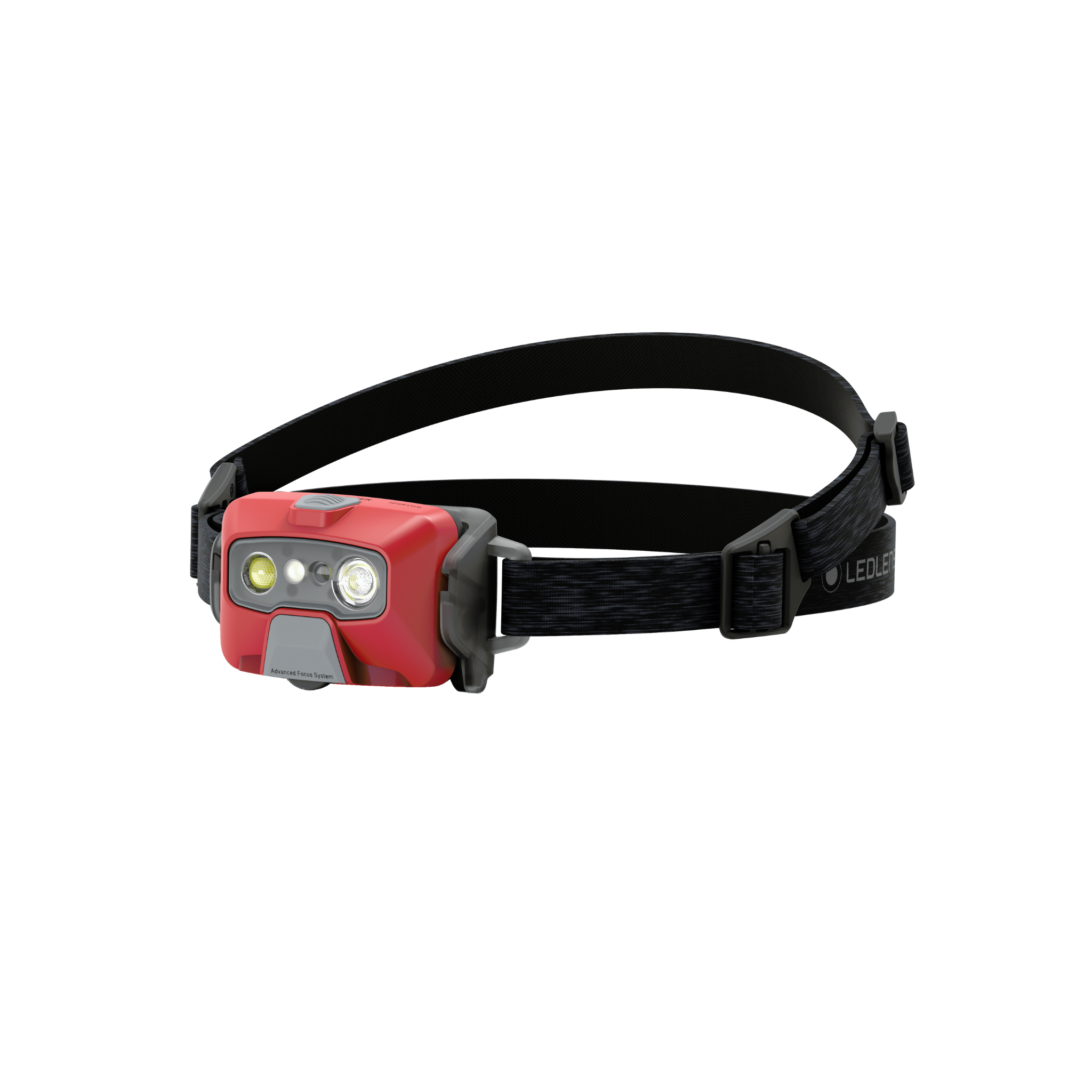 Ledlenser HF6R Core Headlamp front view in red with black adjustable headband and dual LED modules