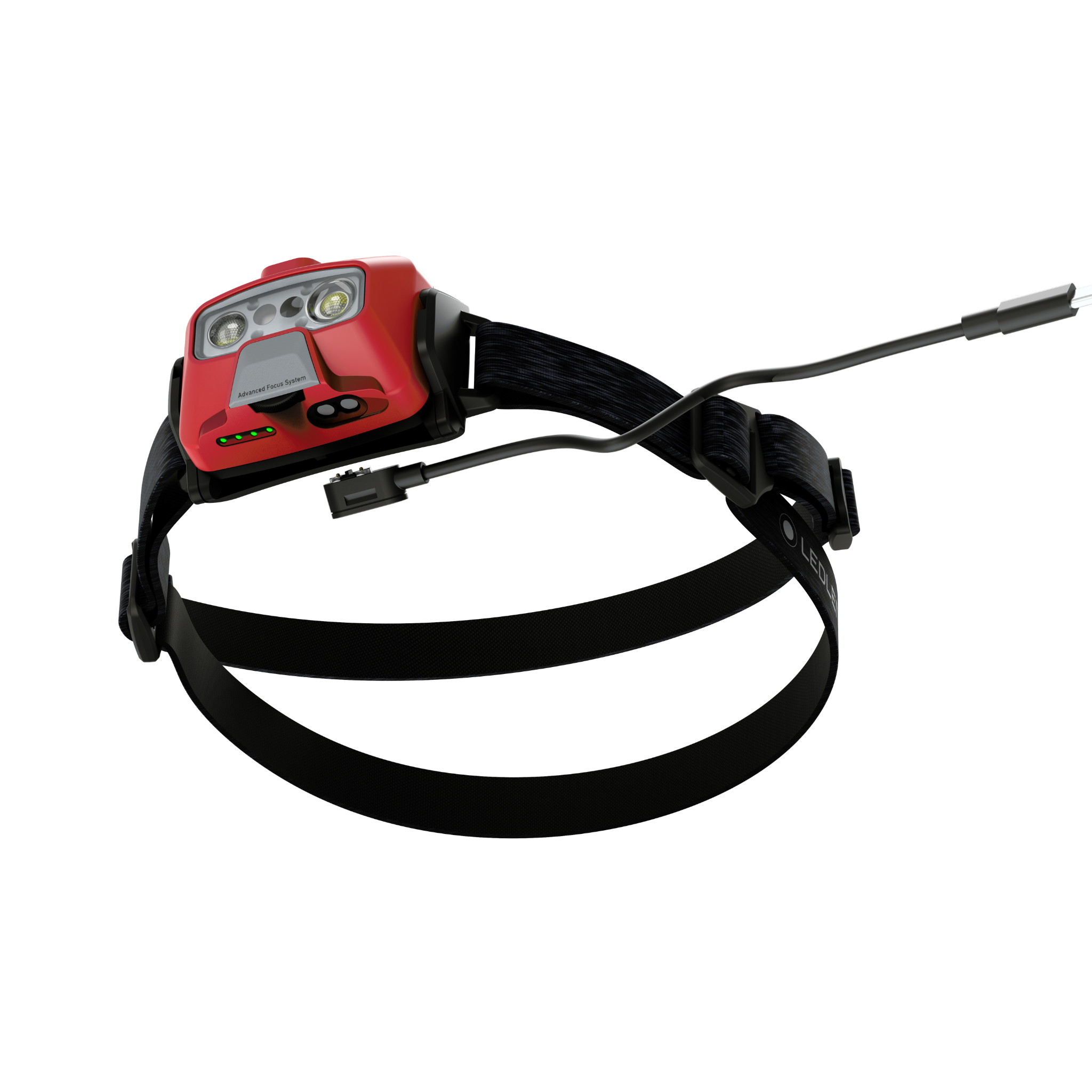HF6R Core Headlamp with red compact body and dual LEDs mounted on a black adjustable head strap with attached charging cable