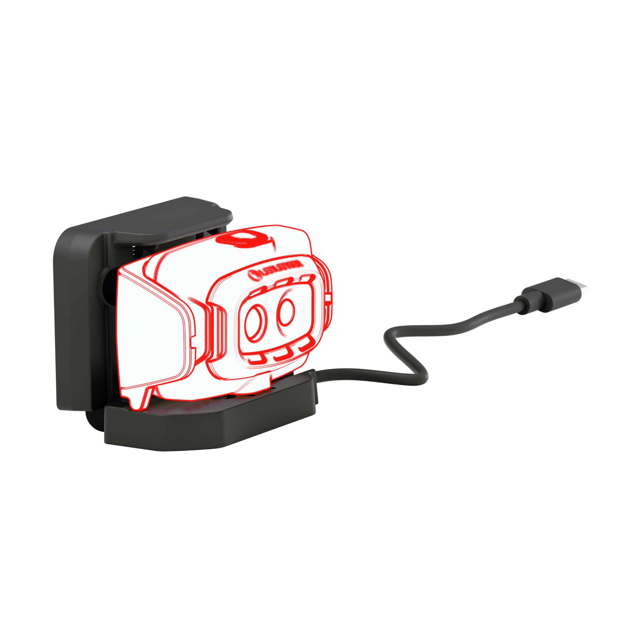 Ledlenser HF4R Signature Headlamp in charging cradle with USB C cable connected view showing front and side profile in a desk charging setup