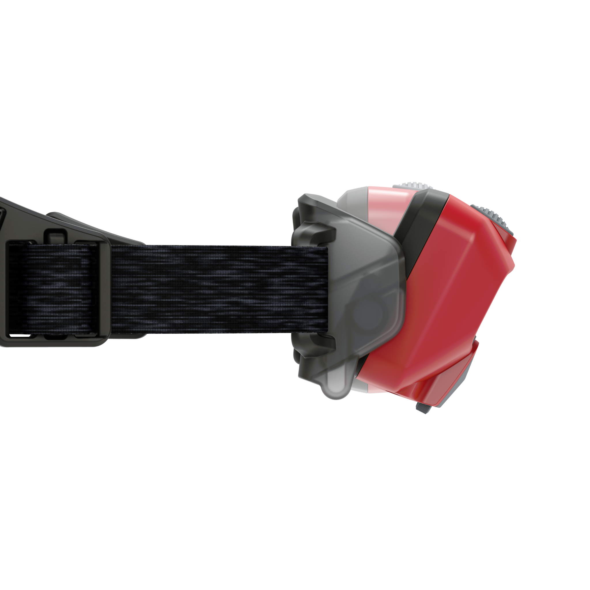 HF6R Core Headlamp side view showing red body gray mounting bracket and black strap