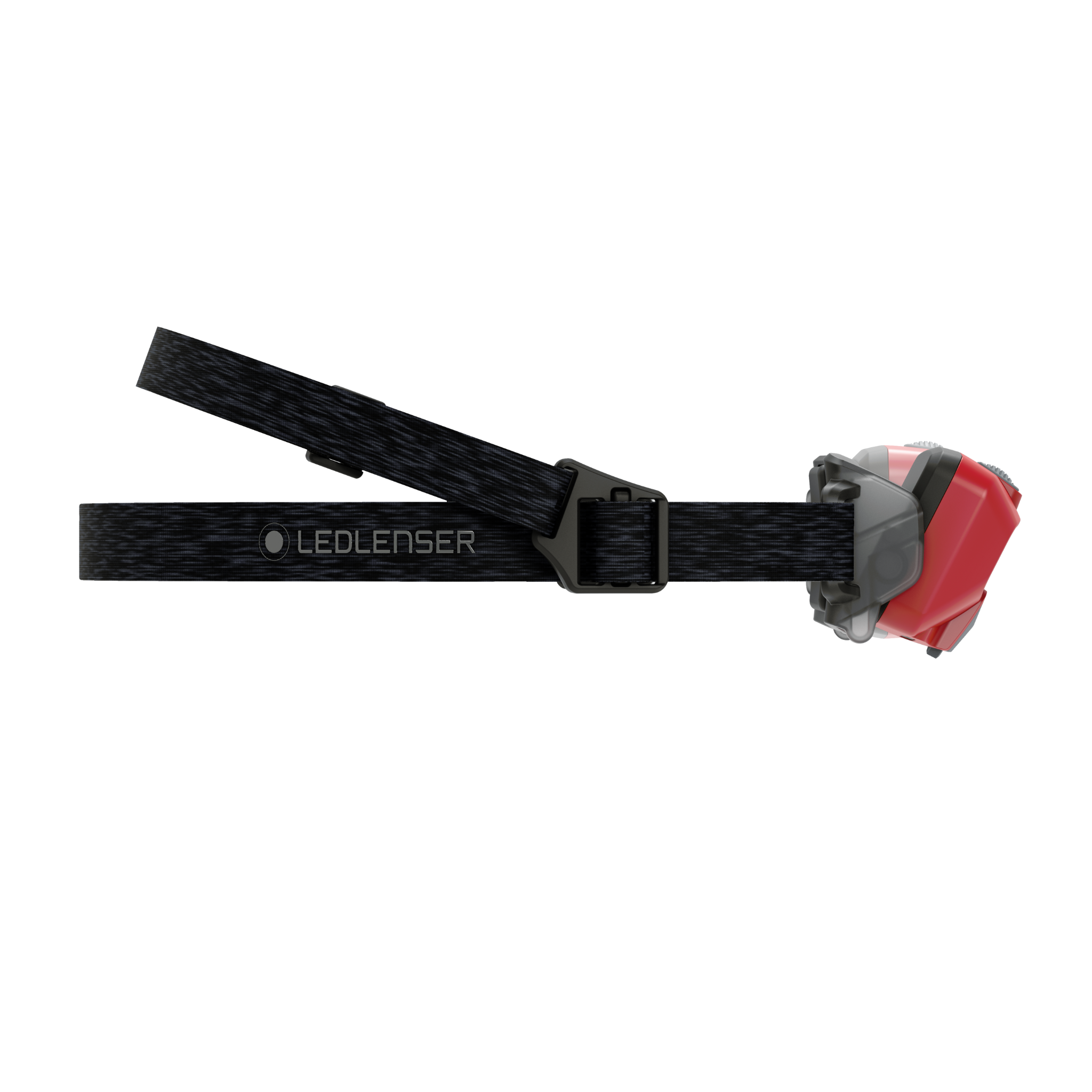 HF6R Core Headlamp by Ledlenser featuring adjustable black head strap and red front light side view