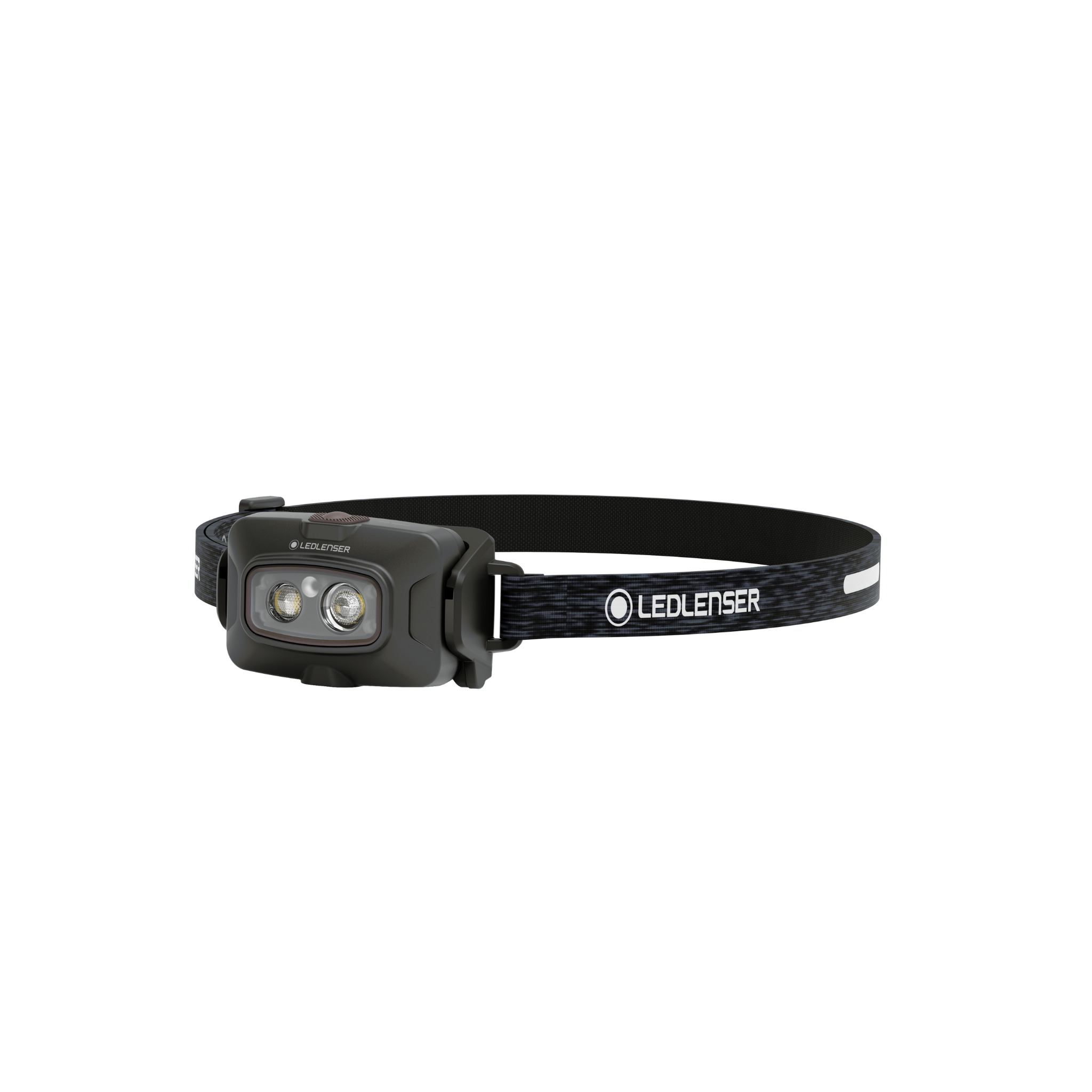 HF4R Signature Headlamp showing dual LEDs in a grey housing with adjustable black patterned head strap bearing Ledlenser branding mounted for hands free use