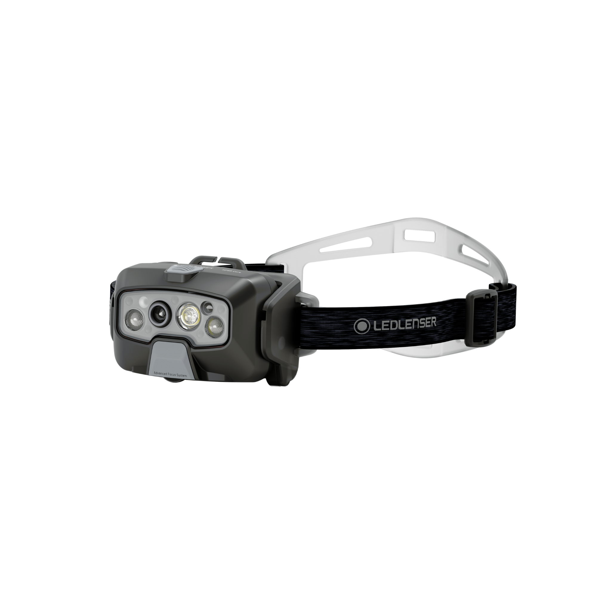 Ledlenser HF8R Core Headlamp with dark gray body and white headband front view showing three LED emitters