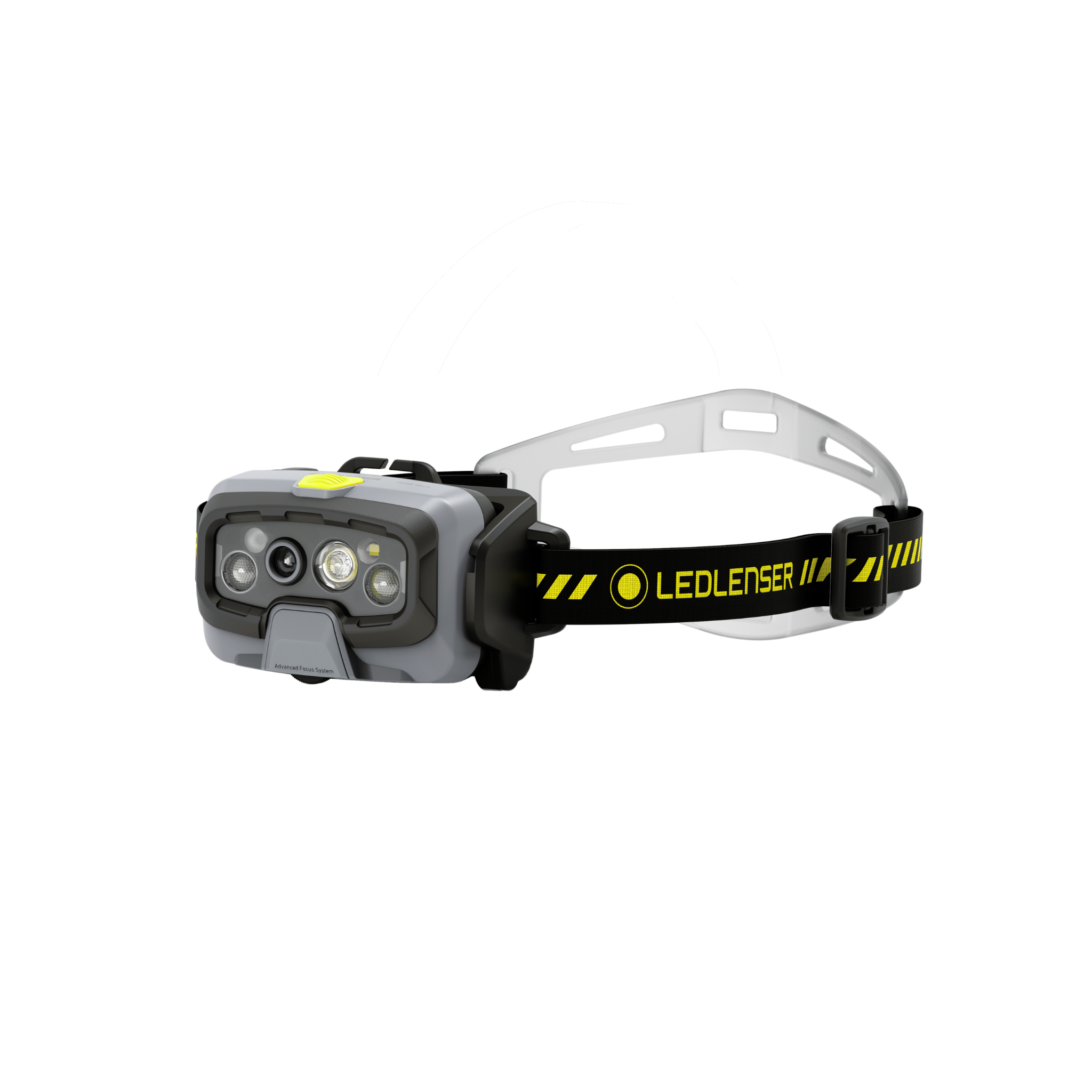 HF8R Work Headlamp by Ledlenser in grey with a black and yellow strap front view showing three LEDs