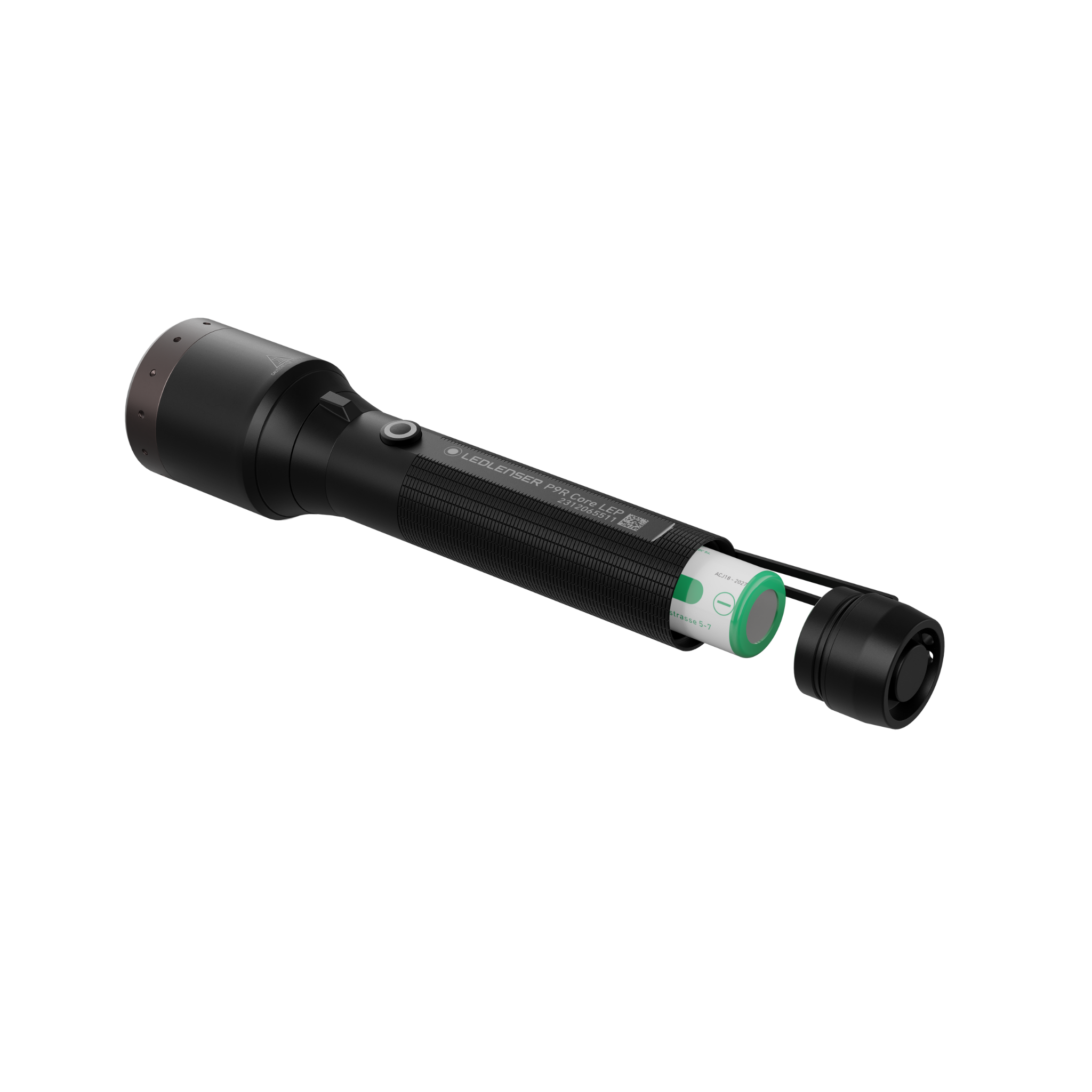 Ledlenser P9R LEP Torch shown disassembled with battery module and magnetic tail cap separated from the body