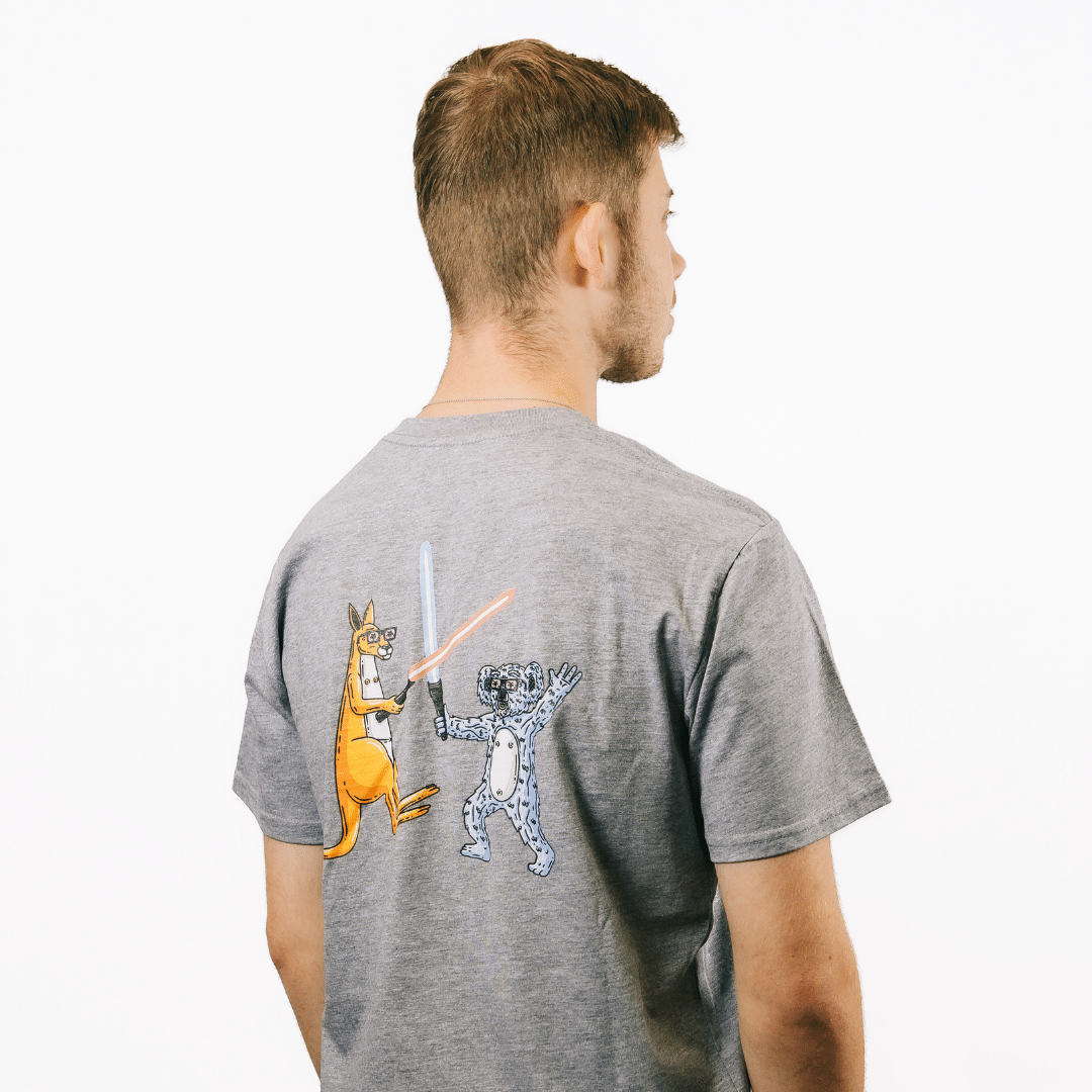 Mulga x Ledlenser Unisex Tee Aussie Animalia design on grey t shirt shown from back with illustrated kangaroo and koala wielding light sabers