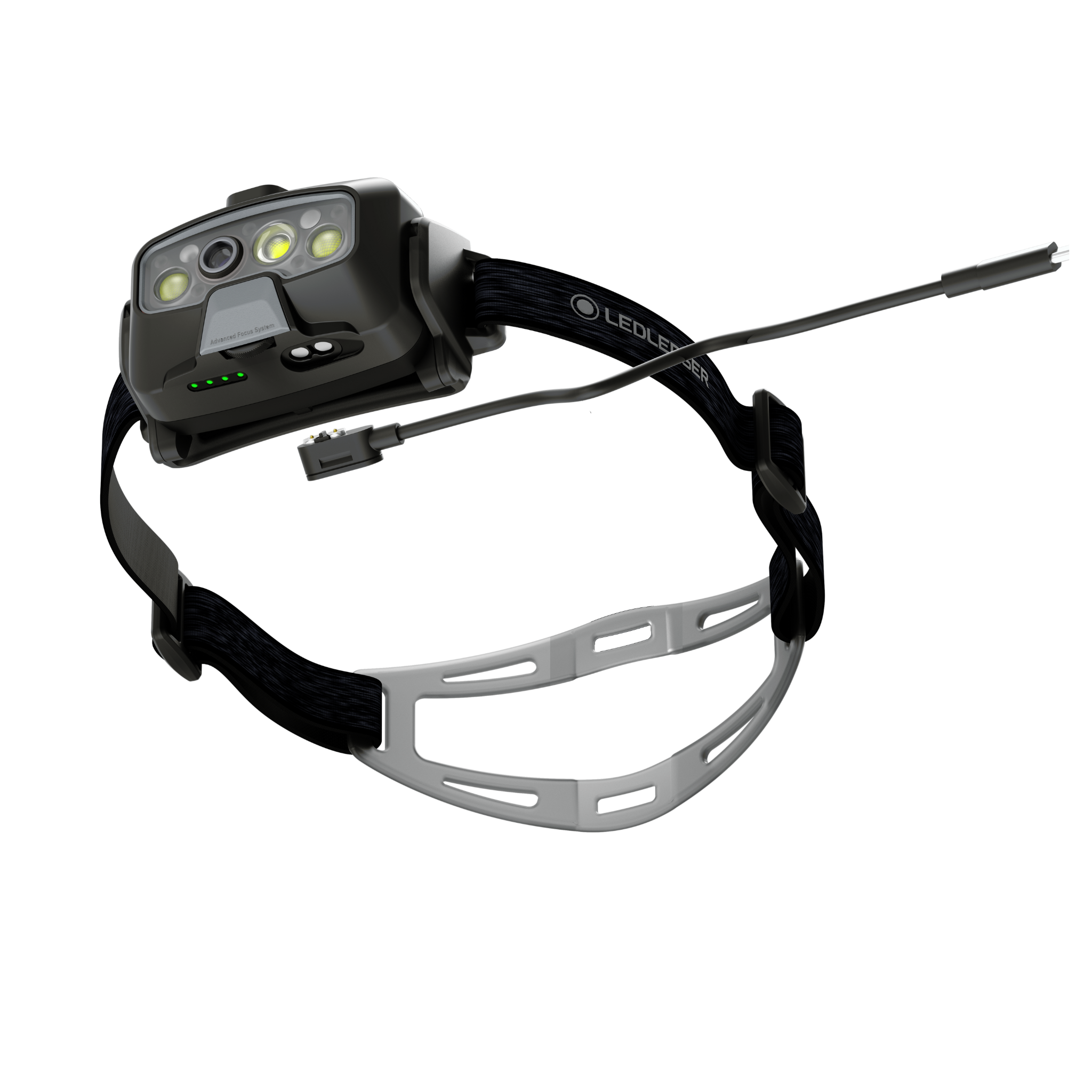Ledlenser HF8R Core Headlamp mounted on an adjustable head strap with front facing light array and integrated charging cable