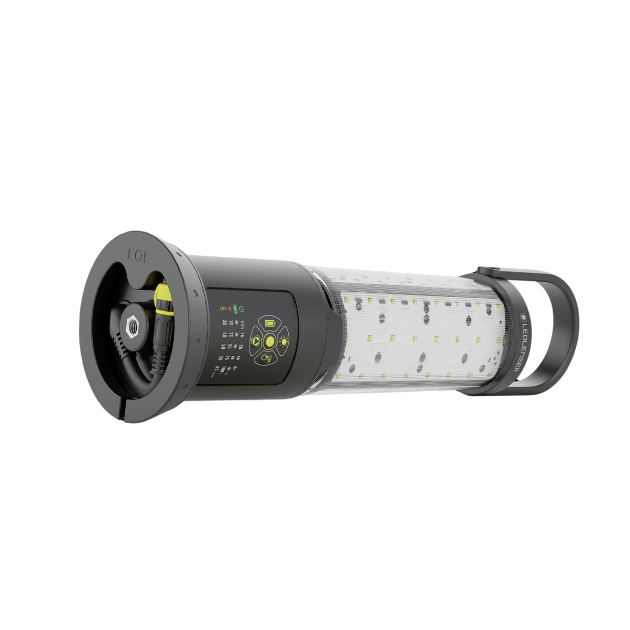Ledlenser AL10R Work Lantern featuring a cylindrical LED array black control panel with yellow accents and built‑in carrying handle