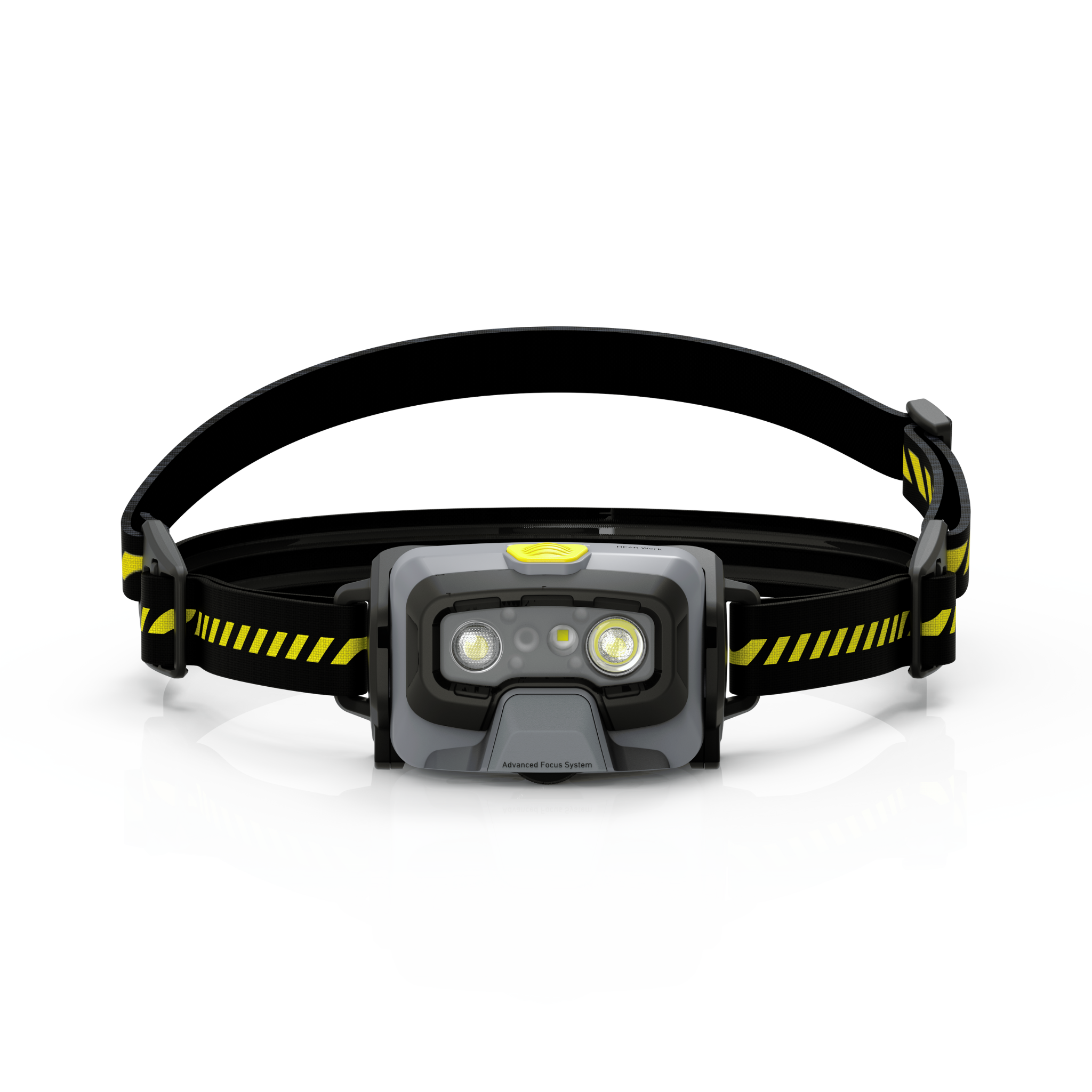 HF6R Work Headlamp by Ledlenser viewed head on with black and yellow adjustable strap dual LED modules and central battery housing