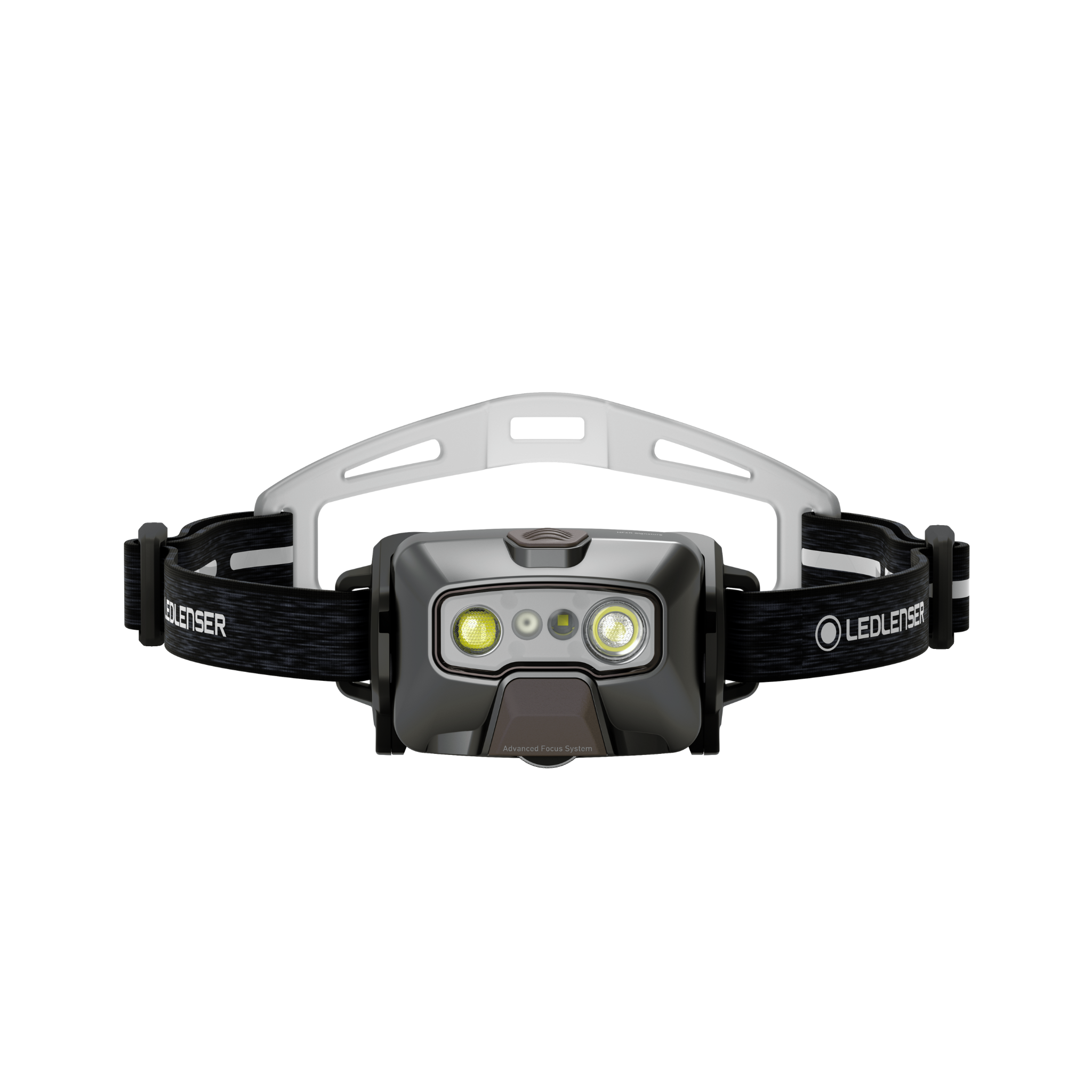 HF6R Signature Headlamp by Ledlenser with dual LED modules in a grey front housing and a black adjustable headband