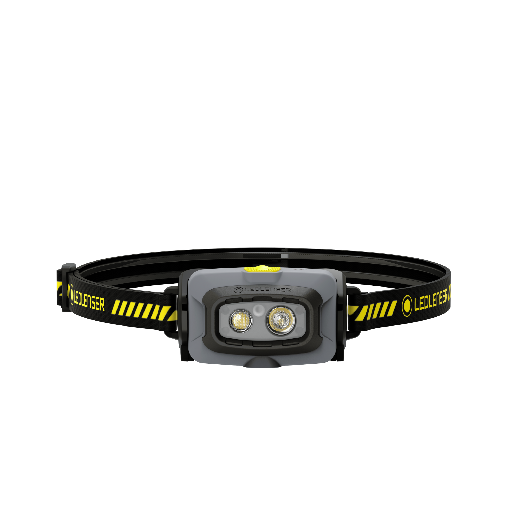 Ledlenser HF4R Work Headlamp with dual LEDs mounted on a grey body black head strap featuring yellow Ledlenser branding