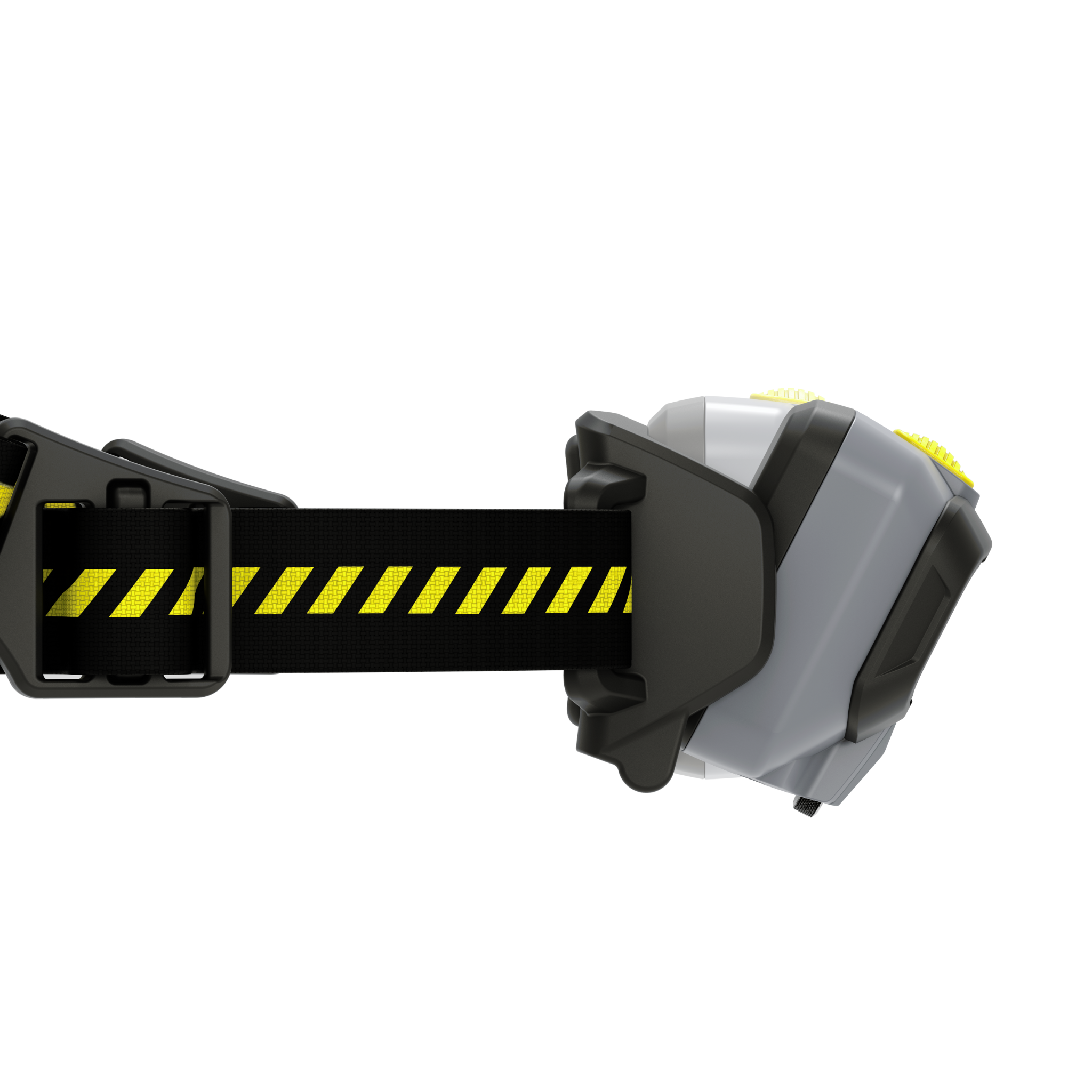 HF6R Work Headlamp on adjustable black strap with yellow accent stripe and rugged grey housing shown in profile