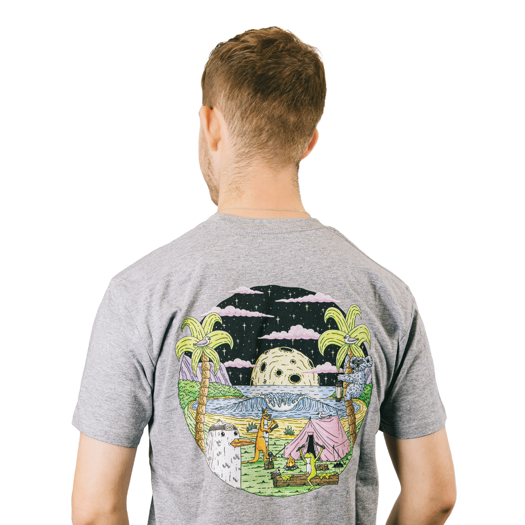 Mulga x Ledlenser Unisex Tee back view gray t shirt with large circular campsite graphic featuring moon palm trees and tents