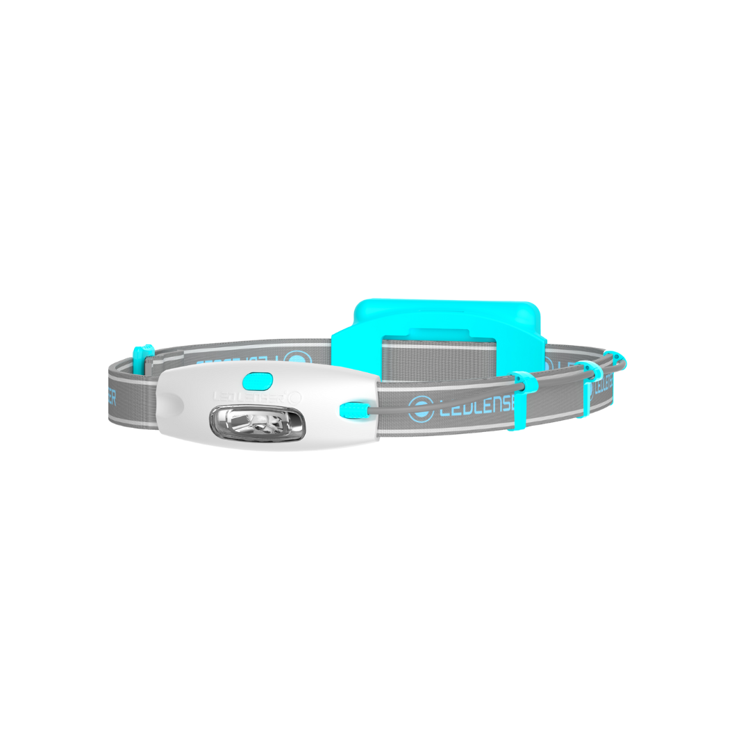 Ledlenser NEO Blue Battery Operated Headlamp worn on head with grey strap blue highlights and front LED module