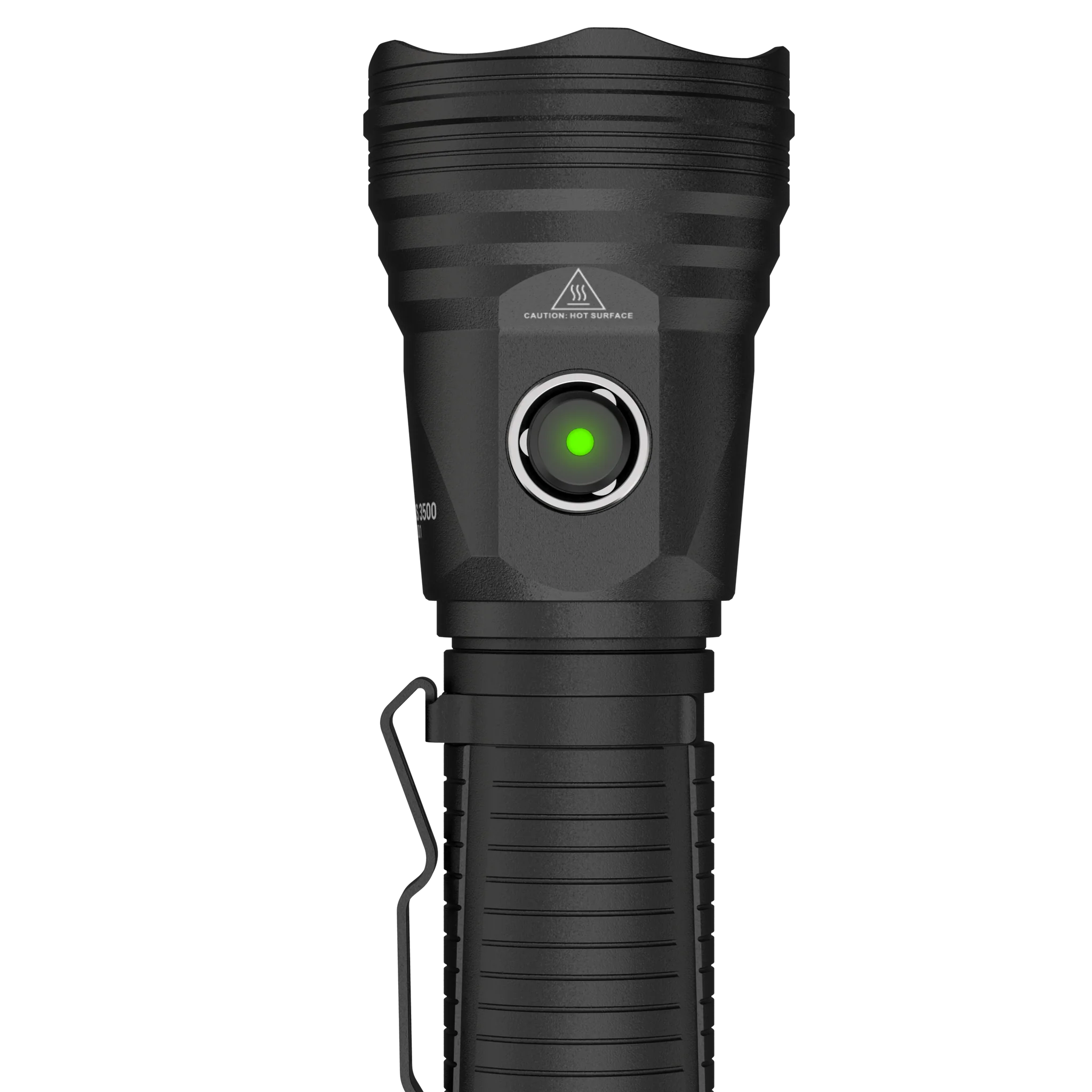 TFX Propus 3500 Torch front view of a black tactical flashlight with green power indicator textured grip and built in clip