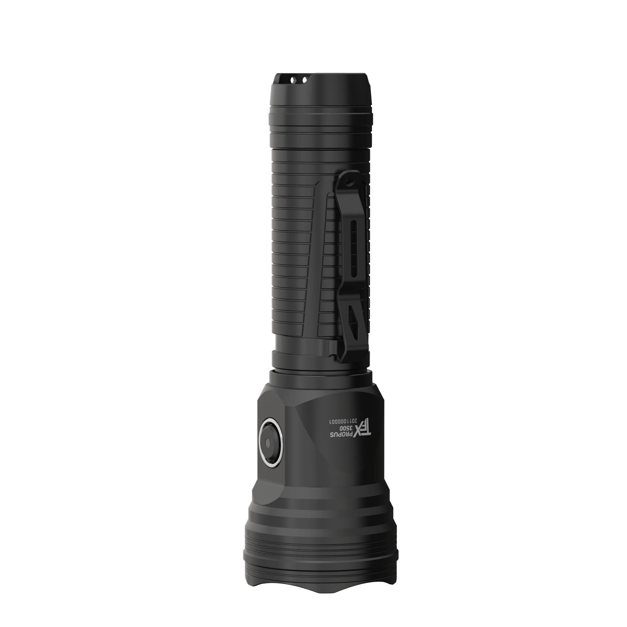 TFX Propus 3500 Torch shown in a vertical side profile with its clip attached black tactical handheld flashlight