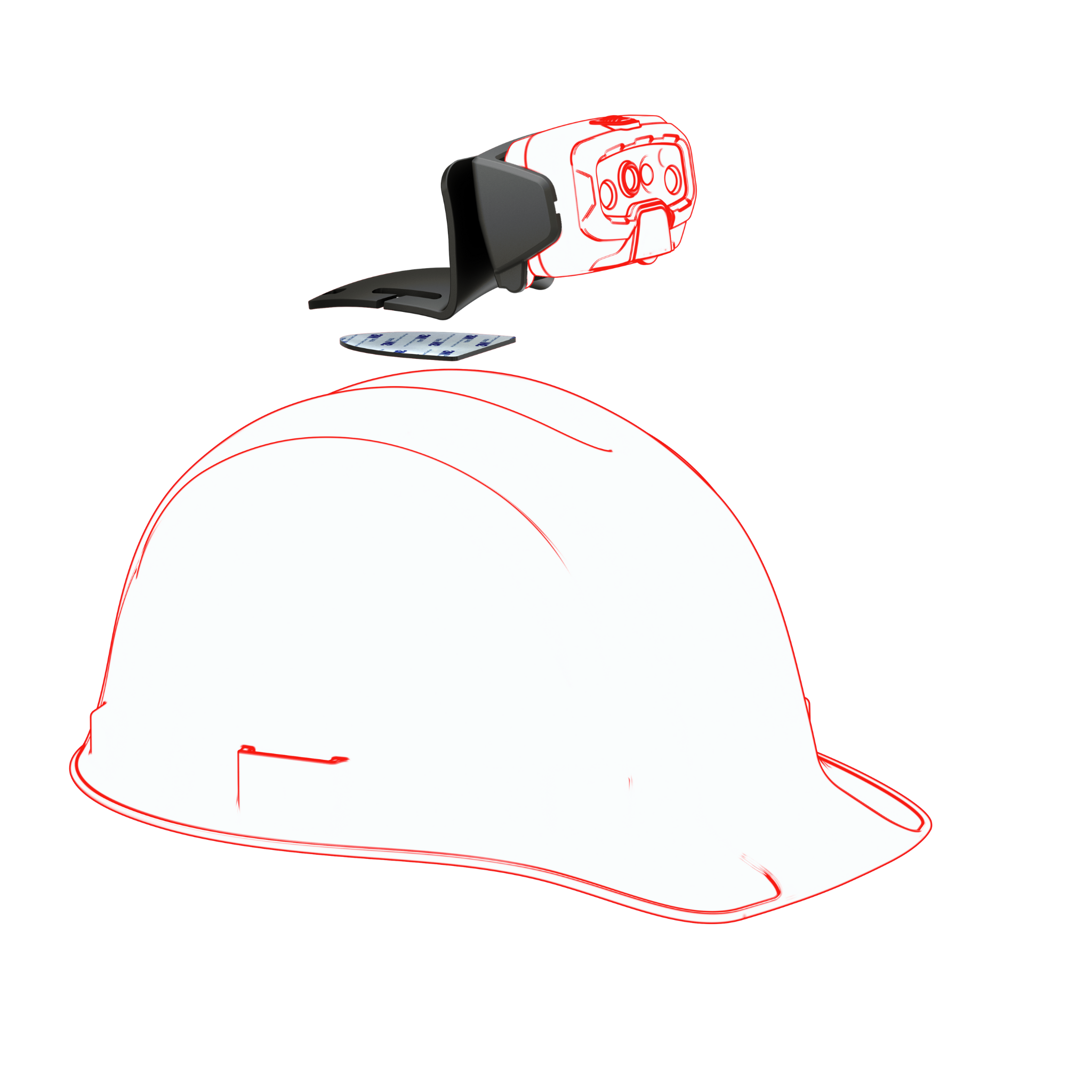 Ledlenser HF8R Work Headlamp shown as a red outlined diagram with the headlamp unit above a white safety helmet illustrating mounting context