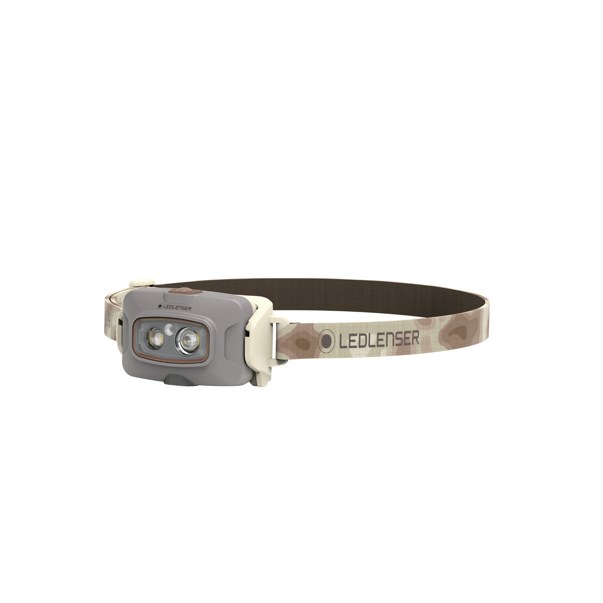 Ledlenser HF4R Signature Headlamp with grey housing and camo strap shown in side view