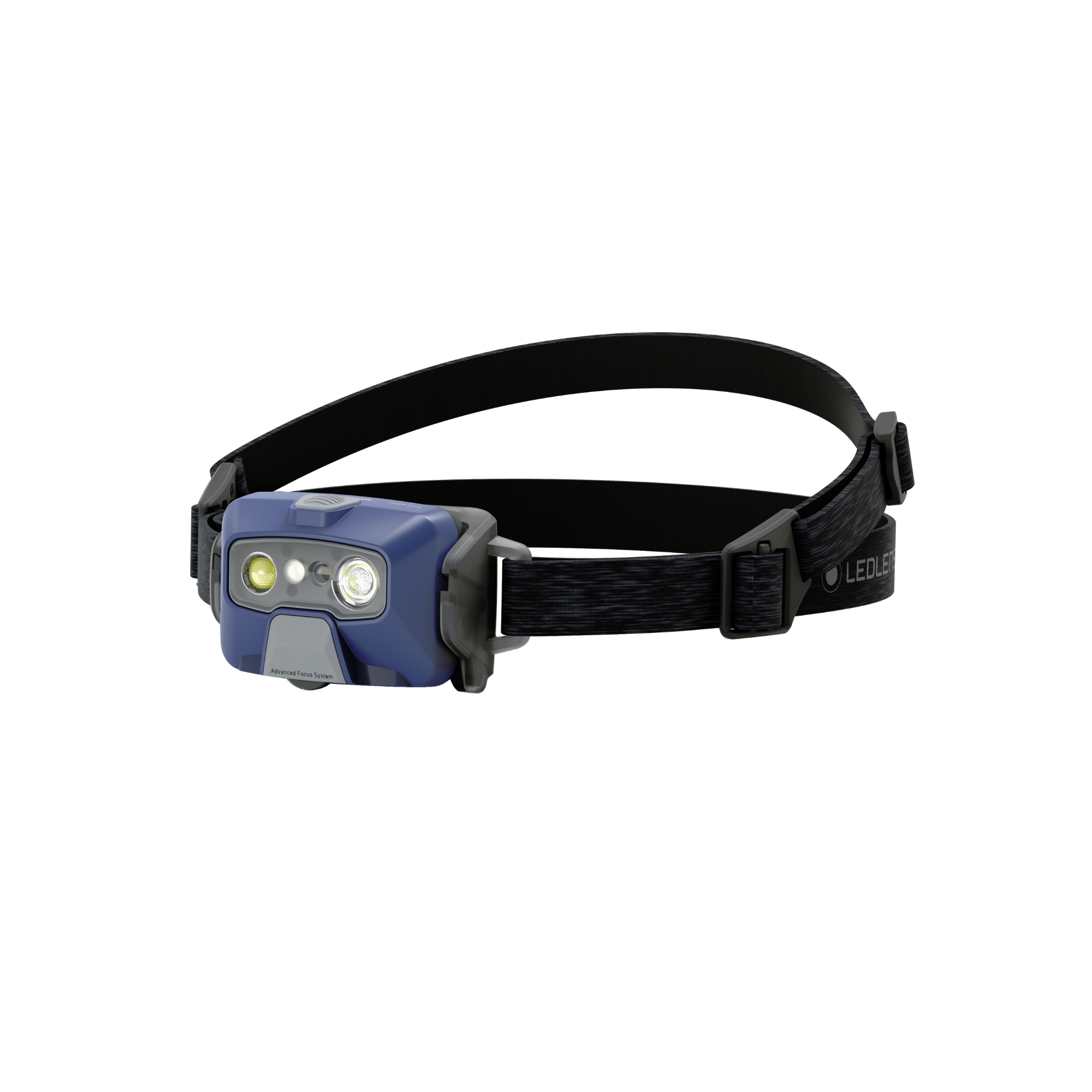 HF6R Core Headlamp on adjustable black head strap blue body with front dual LEDs and battery housing visible