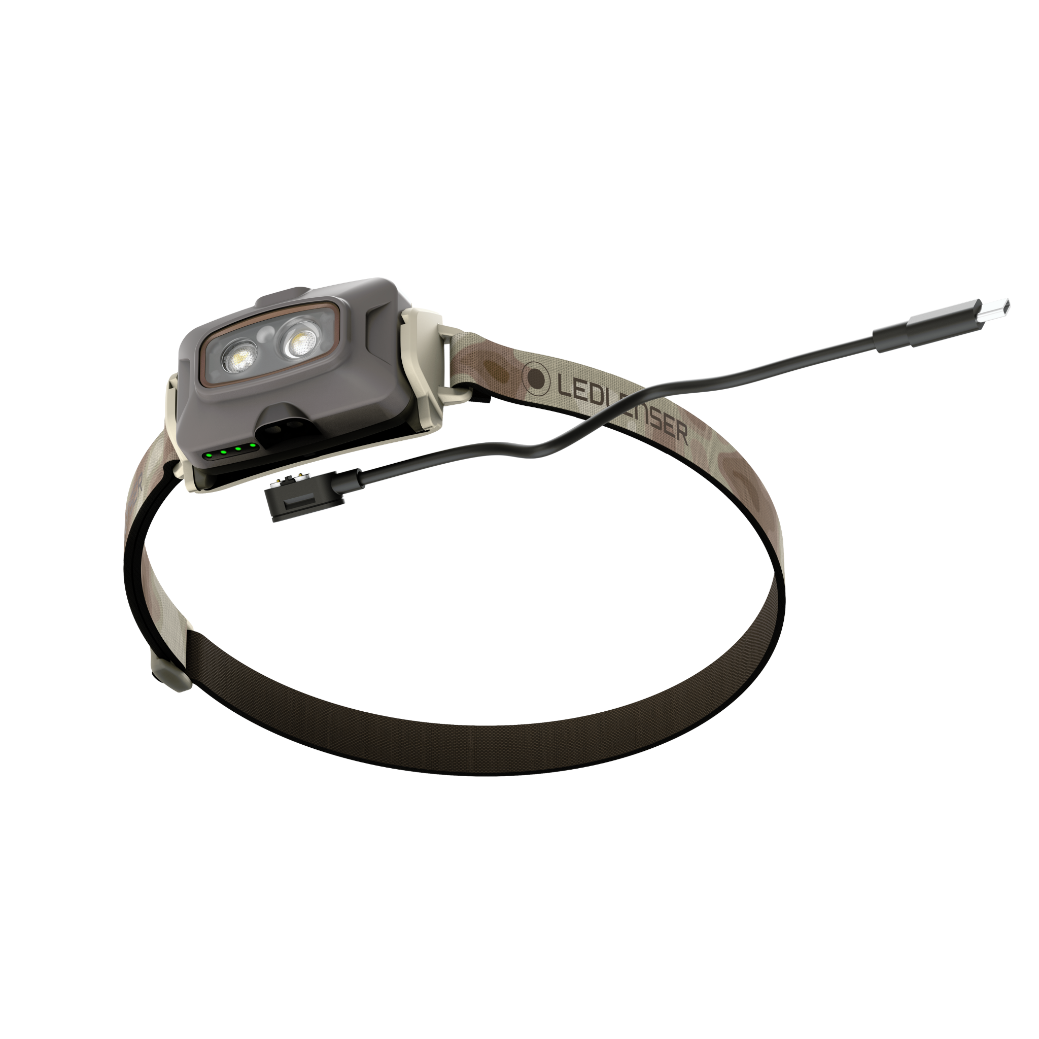 Ledlenser HF4R Signature Headlamp on camouflage headband with dual LEDs and charging cable