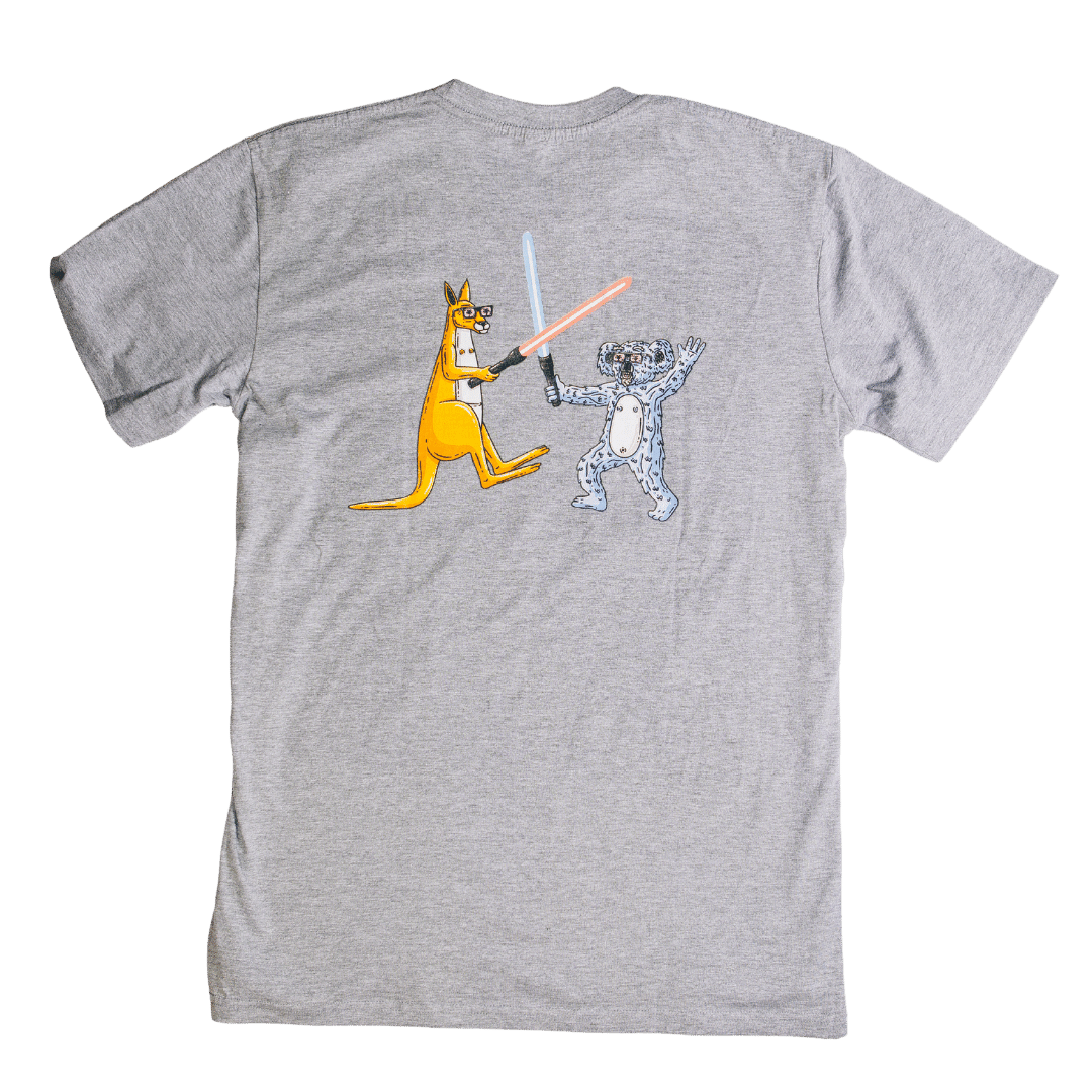 Mulga x Ledlenser Unisex Tee back view showing a grey shirt with cartoon kangaroo and koala wielding lightsabers