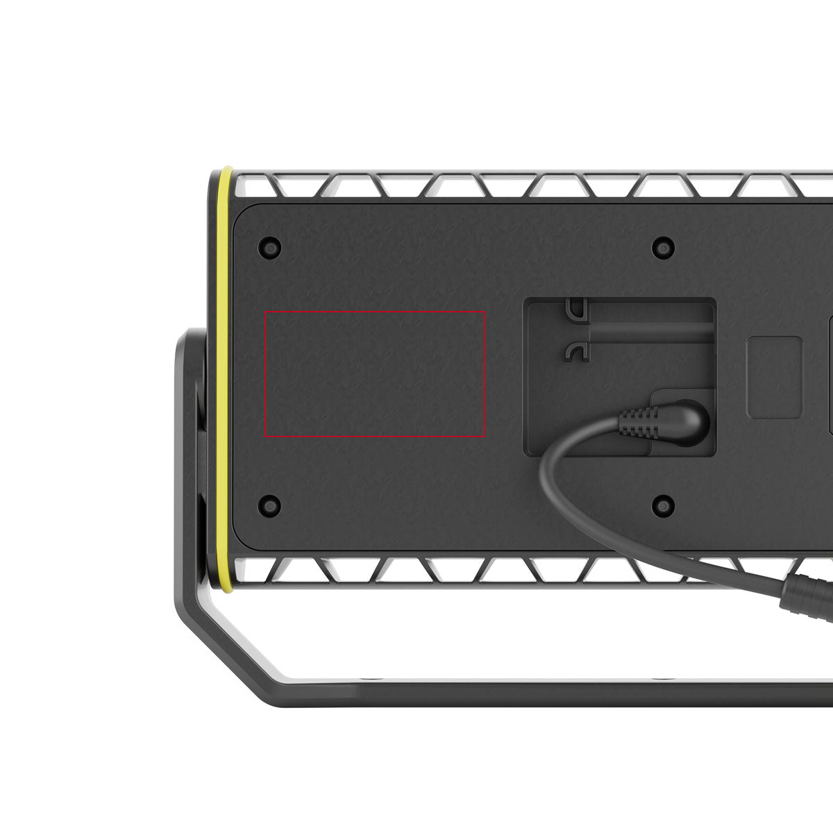 AF12C Work Floodlight rear view showing black housing with yellow edge trim attached power cord and integrated metal stand