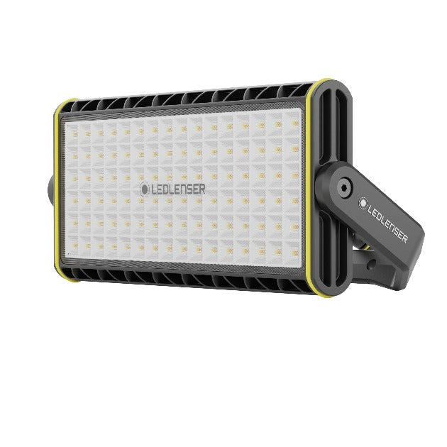 Ledlenser AF12C Work Floodlight with rectangular LED panel and yellow trim mounted on an adjustable grey bracket