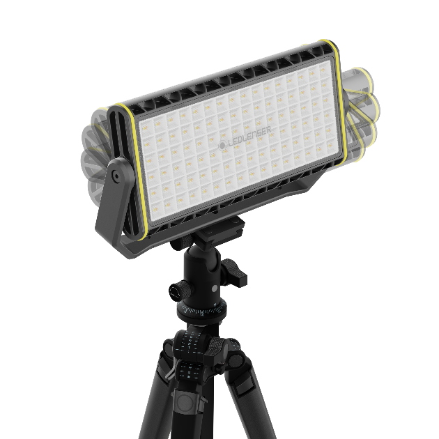 Ledlenser AF12R Work Floodlight mounted on a tripod with a large rectangular LED panel and yellow accents