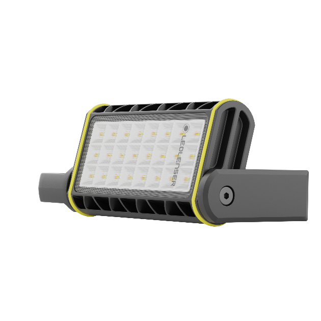 AF4R Work Floodlight shown in side view with grey body and yellow trim rectangular LED panel mounted on a bracket