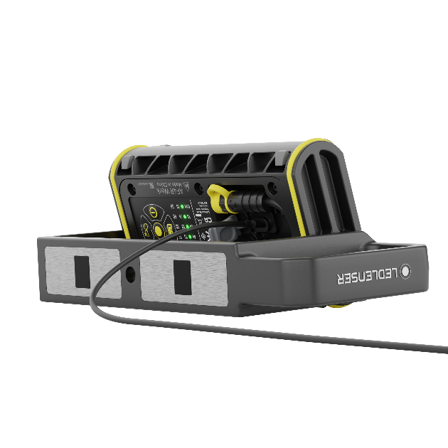 AF4R Work Floodlight with charging base and cable grey body with yellow accents on its docked platform