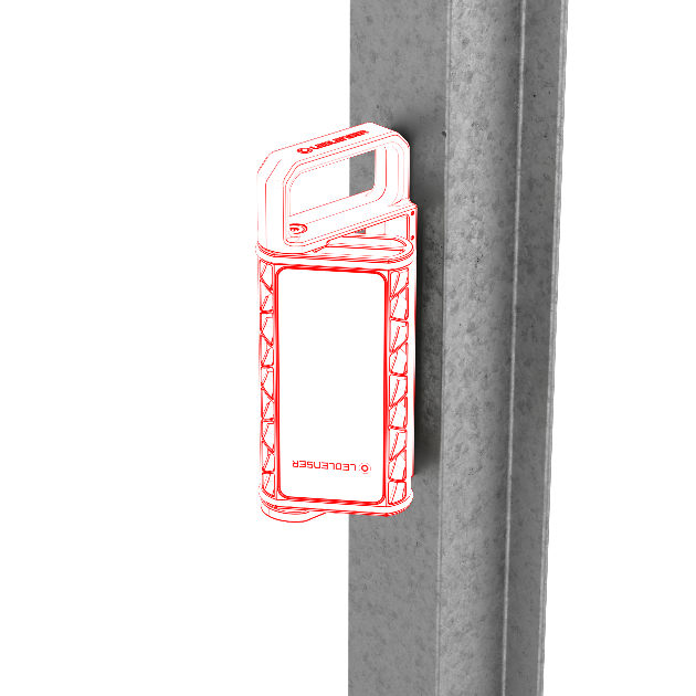 Ledlenser AF4R Work Floodlight silhouette mounted upright to a grey metal pillar with the handle at the top