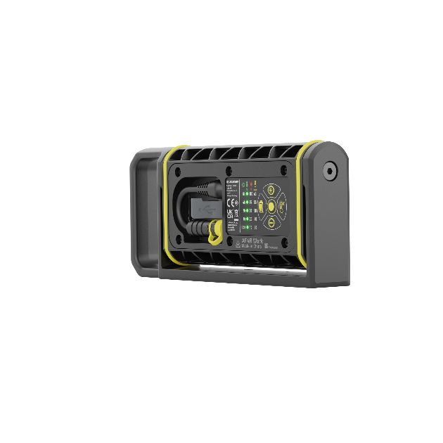 Ledlenser AF4R Work Floodlight side view showing rear control panel with yellow accents on a dark grey housing
