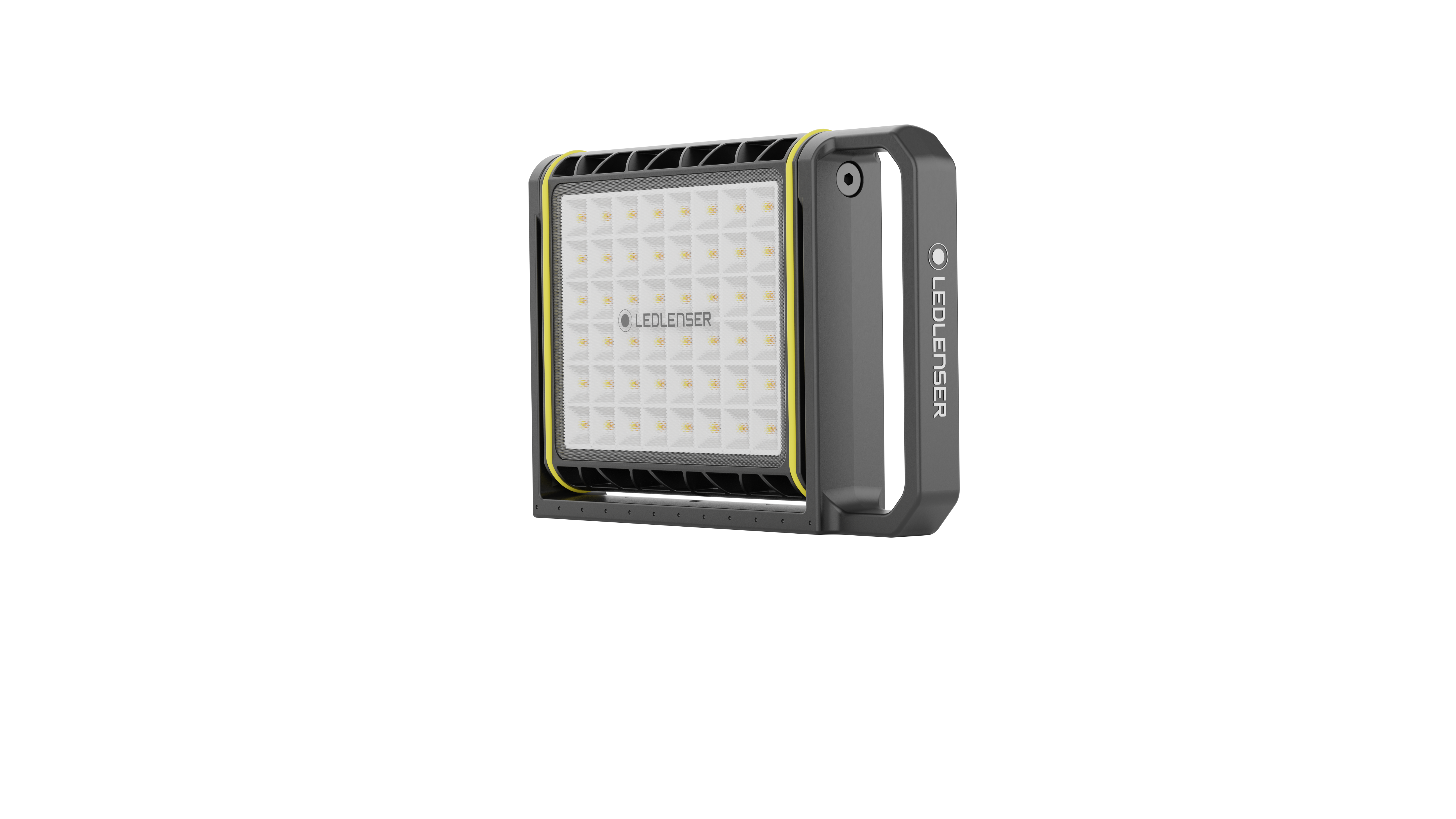 AF8R Work Floodlight viewed at slight angle showing rectangular LED panel with grid grey housing with yellow trim and built in handle Ledlenser branding