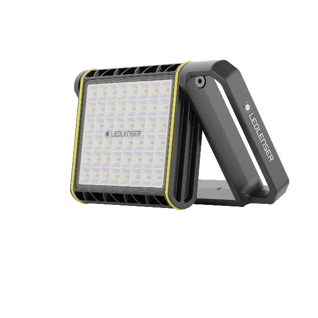 Ledlenser AF8R Work Floodlight with foldable handle dark grey housing and yellow trim front LED panel visible