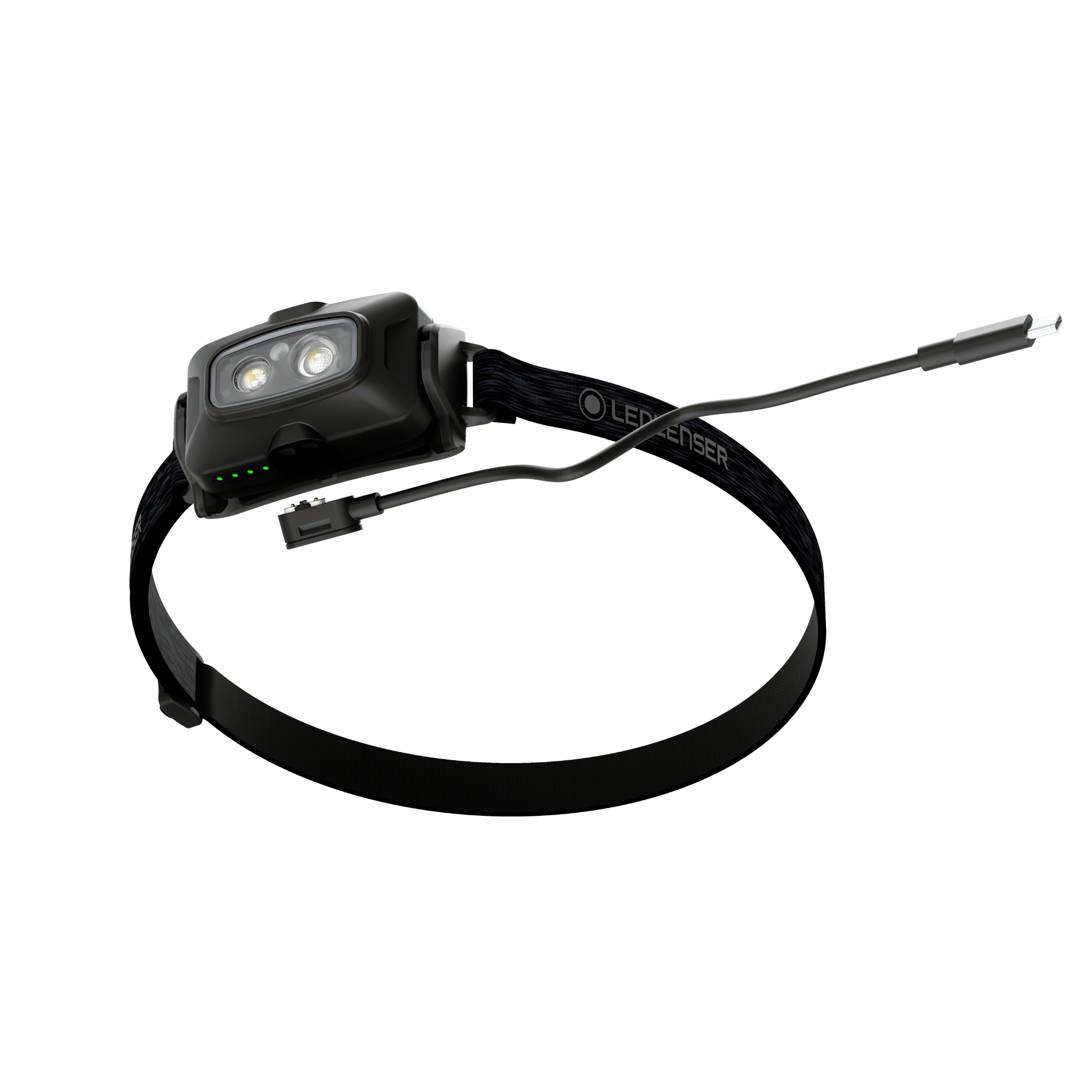 HF4R Core Headlamp with dual LEDs black strap battery indicators and charging cable with USB C plug visible