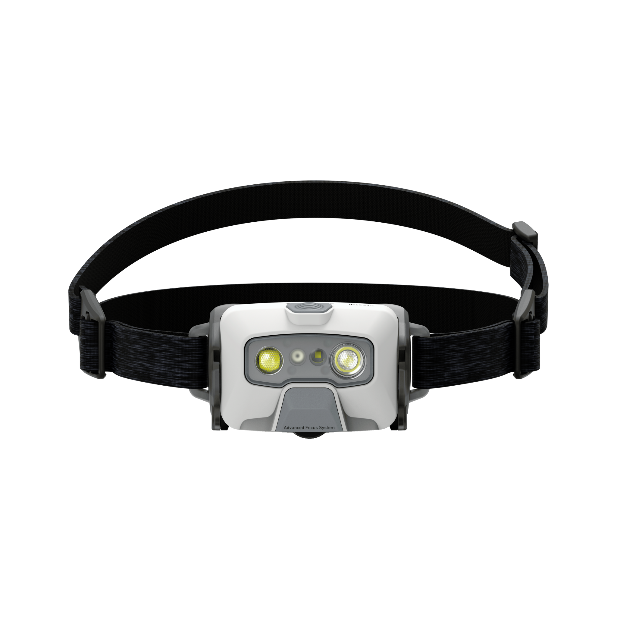 Ledlenser HF6R Core Headlamp with black adjustable headband white gray body and dual LEDs facing forward
