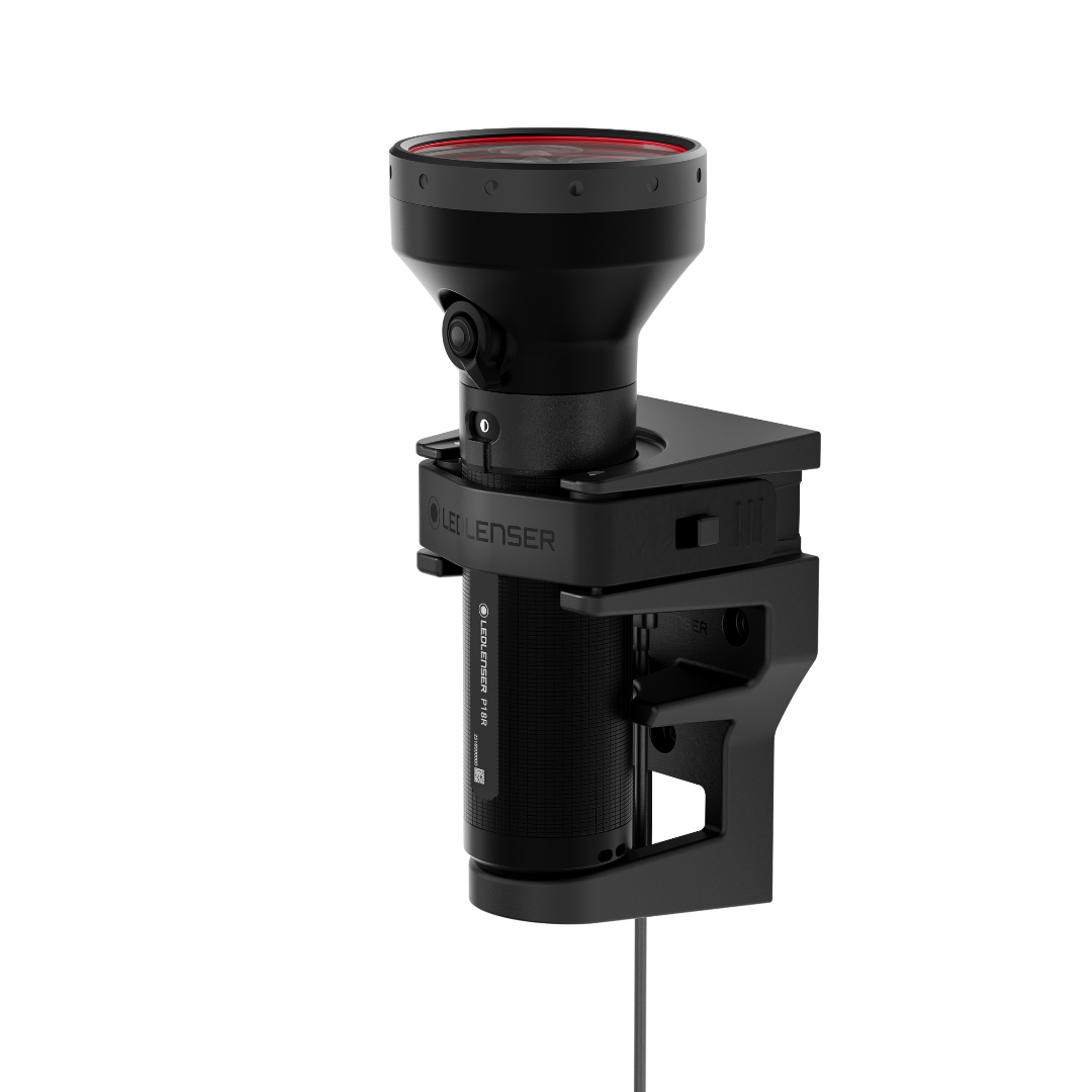 Ledlenser P18R Torch mounted on an industrial helmet rig mounting with clamp and cable black finish and visible headlamp housing