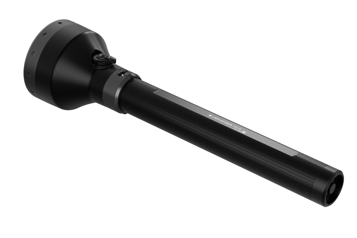 Ledlenser P21R Torch with large black head and textured black handle shown at a side angle