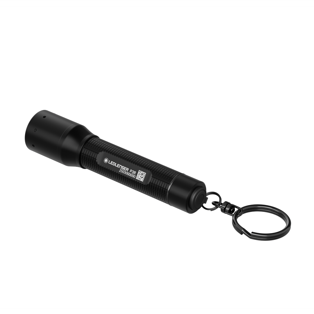 Ledlenser P3R Torch shown as black cylindrical handheld flashlight with a key ring attachment