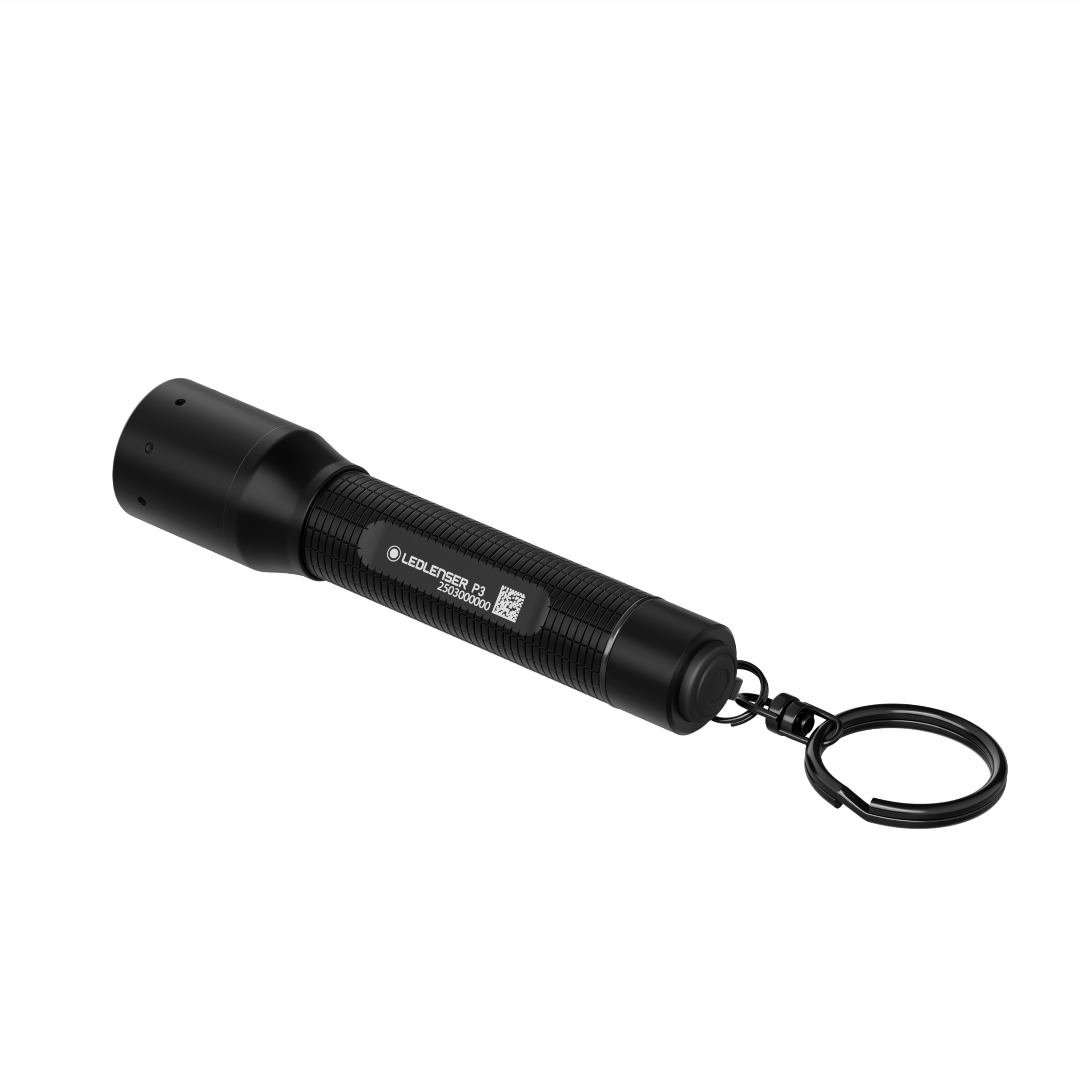 Ledlenser P3 Torch compact handheld flashlight with textured grip and keyring shown diagonally against a black background