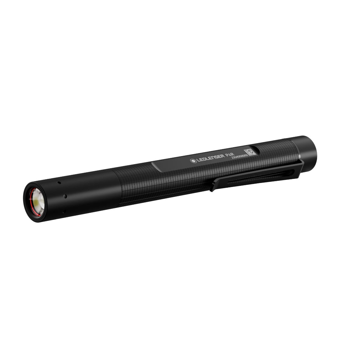 Ledlenser P4R Torch black cylindrical rechargeable torch with pocket clip and front lens