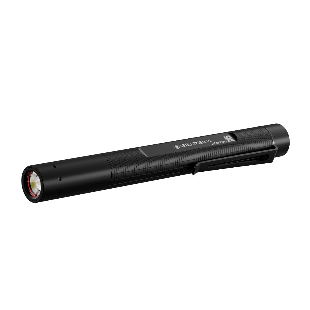Ledlenser P4 Torch black compact handheld flashlight with pocket clip and textured grip shown in side view