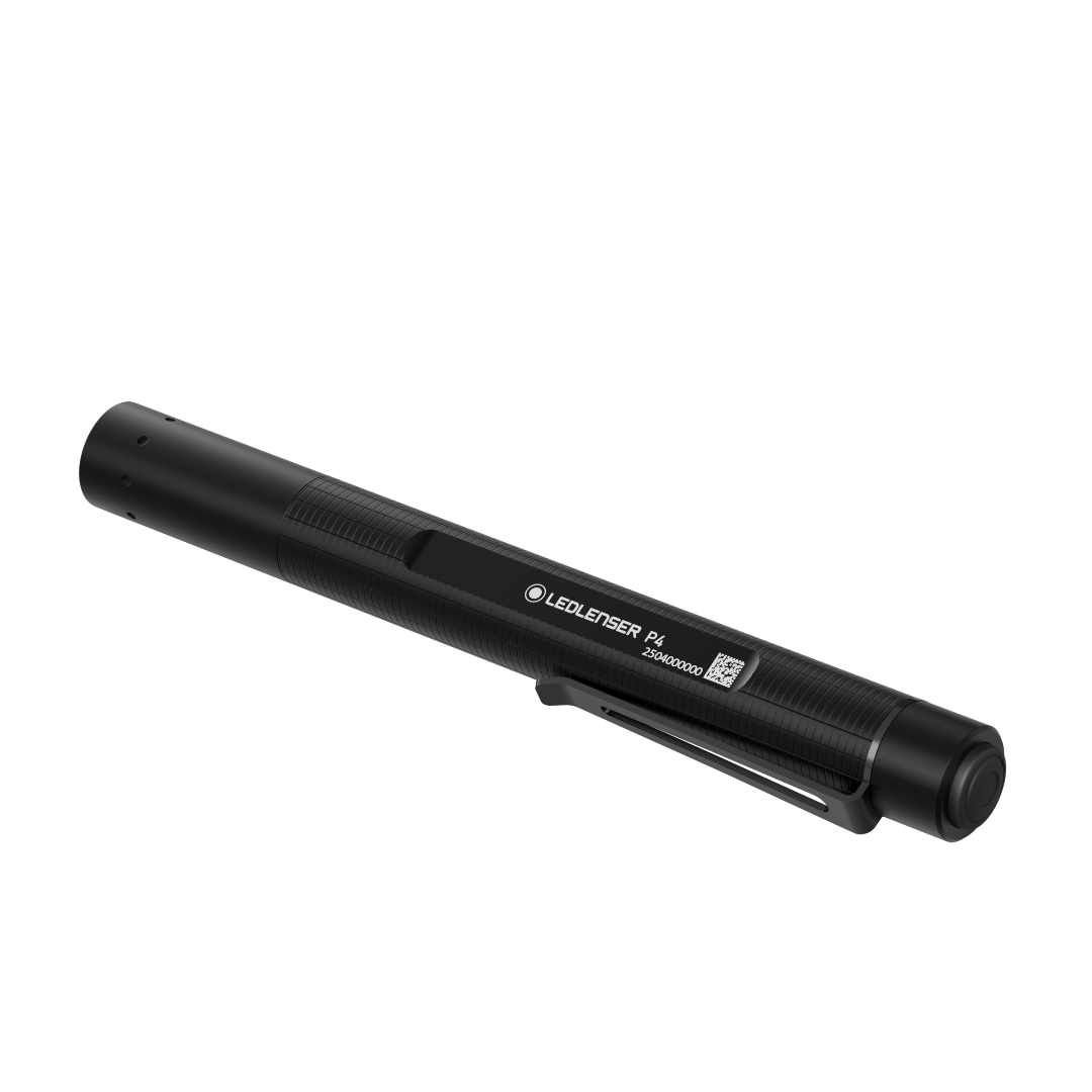Ledlenser P4 Torch shown at a slight angle compact black handheld torch with clip and textured grip