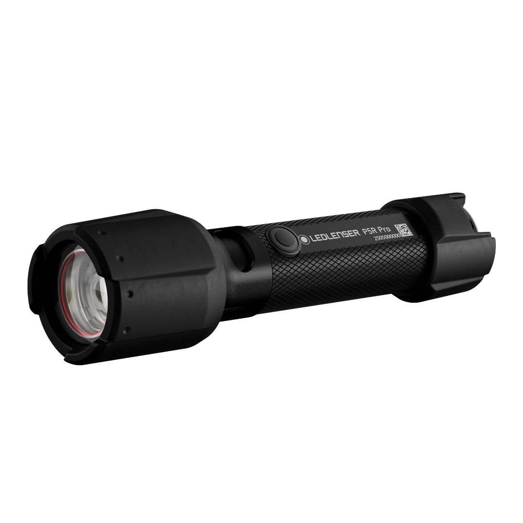 Ledlenser P5R Pro Torch shown at a side angle featuring a black textured grip and compact rechargeable torch design