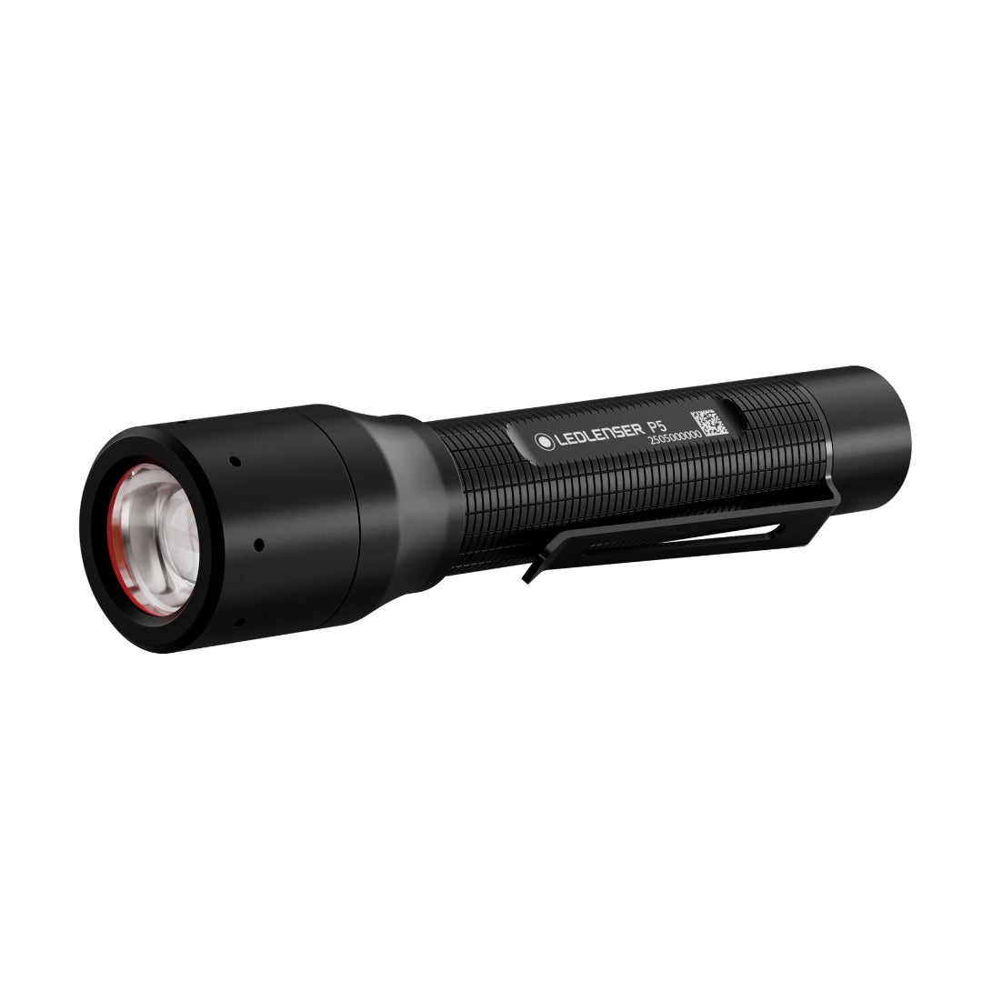 Ledlenser P5 Torch side view showing compact black flashlight with textured grip and pocket clip