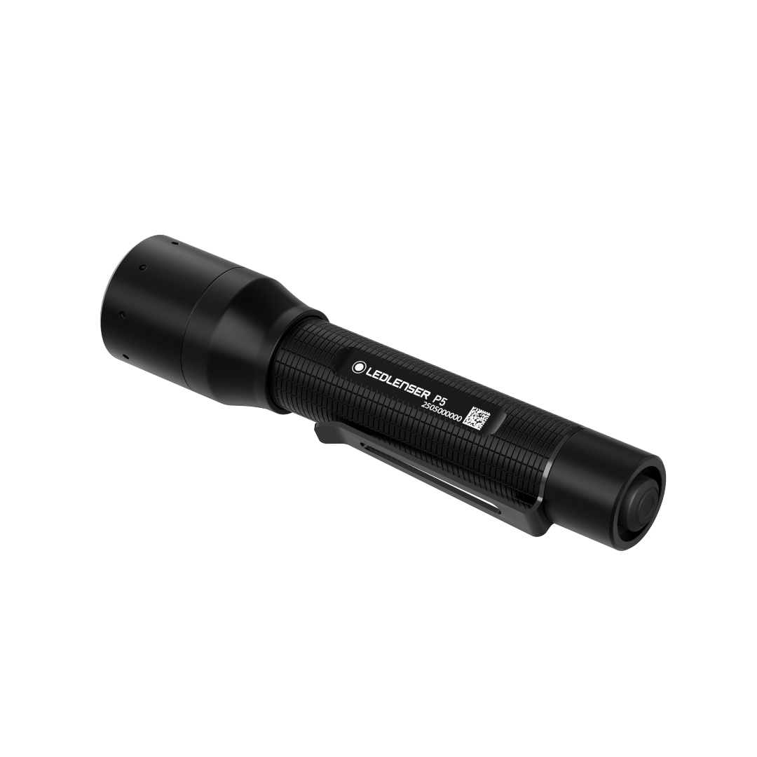 Ledlenser P5 Torch black handheld flashlight shown at a slight angle with textured grip and focus head