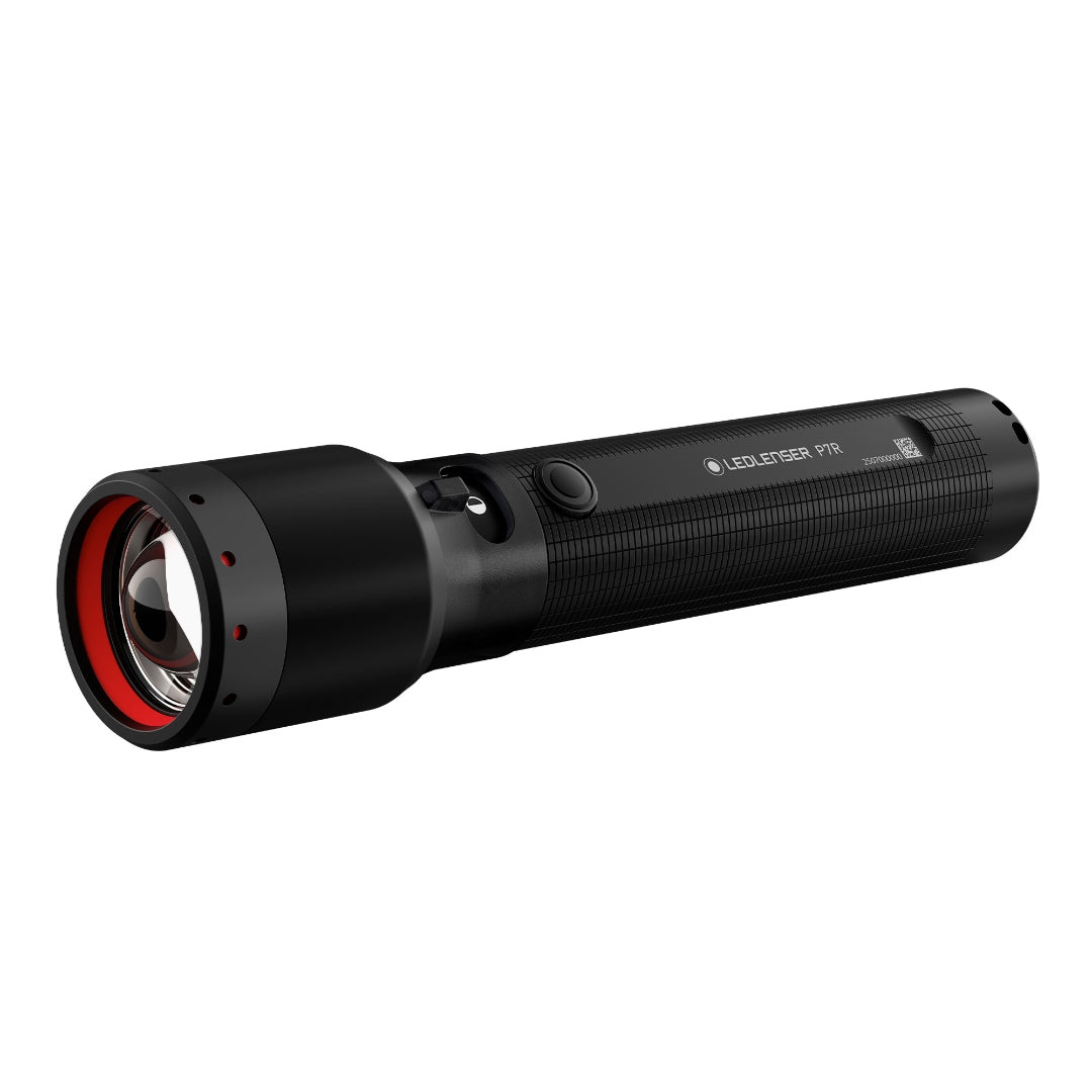 Ledlenser P7R Torch black with red lens bezel side view showing textured grip and momentary control button