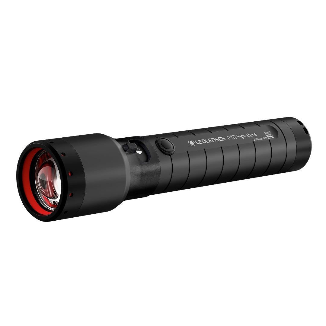 Ledlenser P7R Signature Torch black cylindrical rechargeable torch with red lens ring and side power button shown angled to the left
